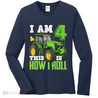 I Am 4 This is How I Roll Four Year Old Tractor 4th Birthday Women's Long Sleeve Shirt thumb 0
