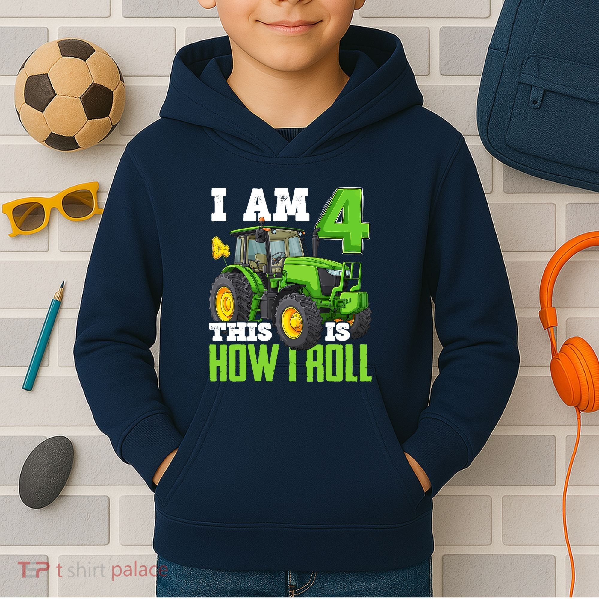 I Am 4 This is How I Roll Four Year Old Tractor 4th Birthday Kids Hoodie
