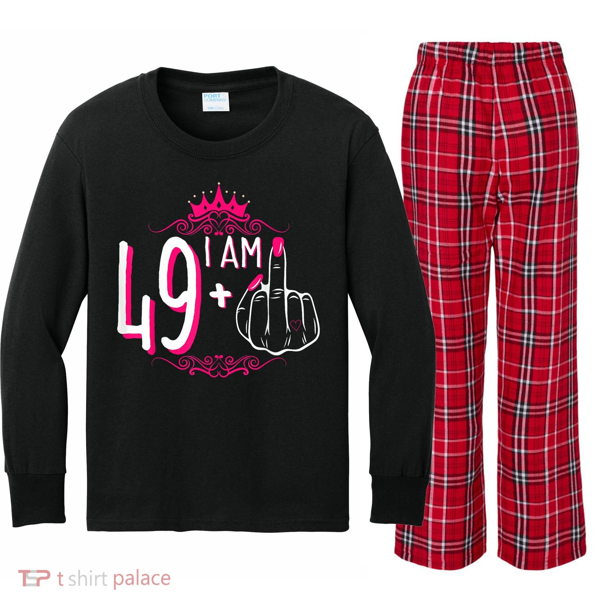 I Am 49 Plus 1 Middle Finger 49th Women Birthday Funny Kids Long Sleeve Plaid Pajama Set