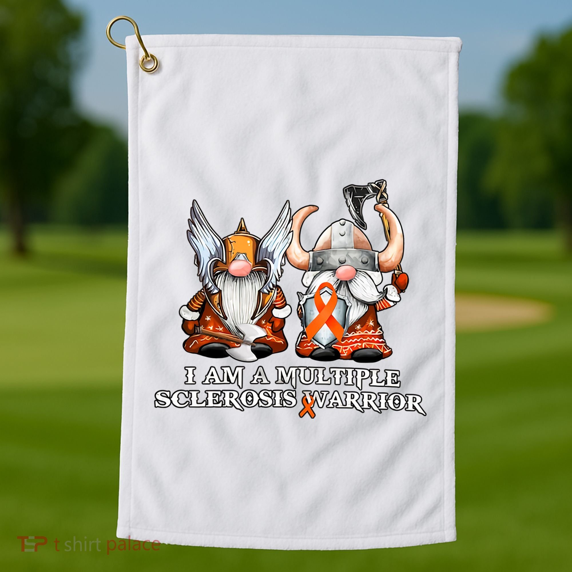 I Am A Multiple Sclerosis Warrior Gnome MS Awareness Orange Ribbon Golf Towel