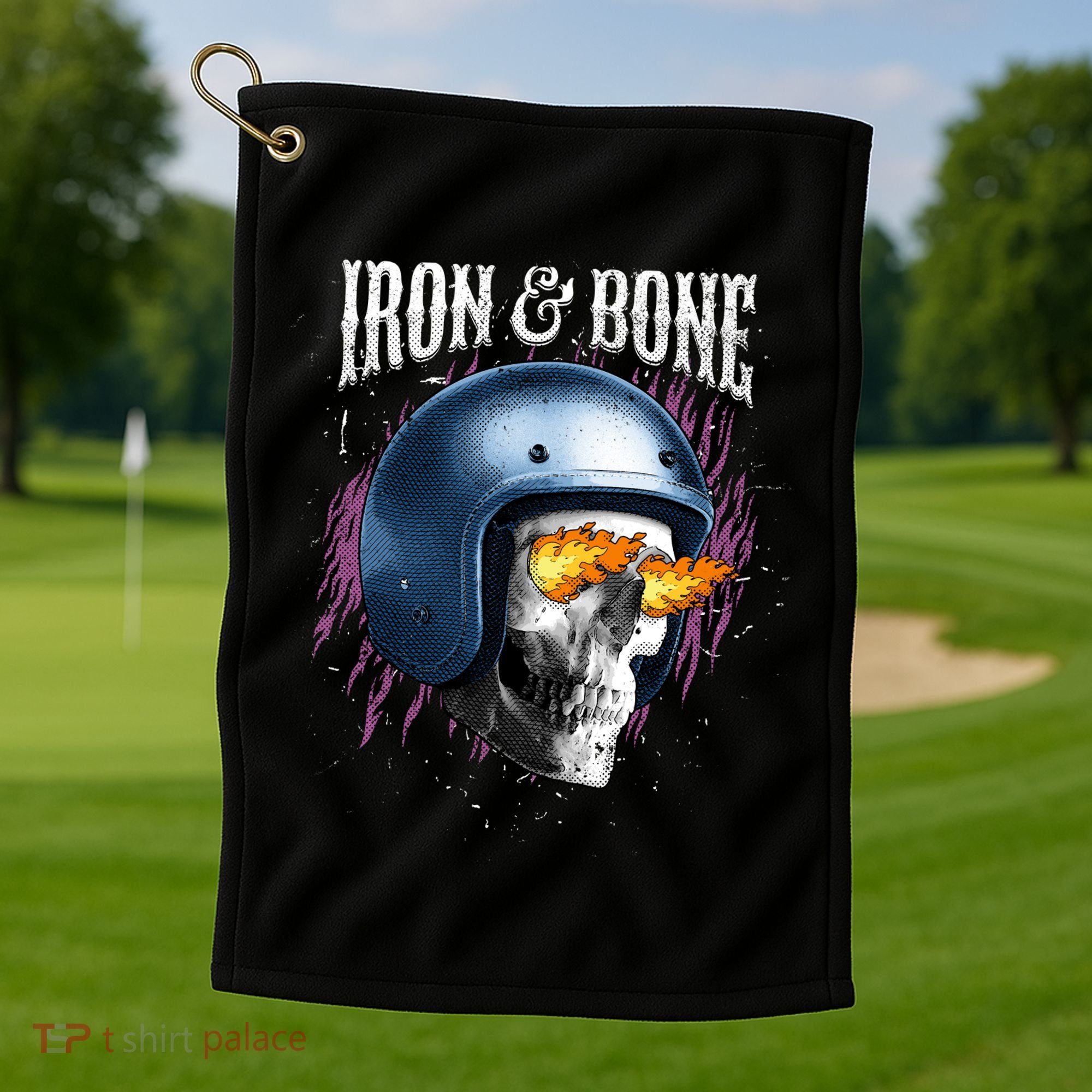 Iron And Bone Skull Biker Flame Golf Towel