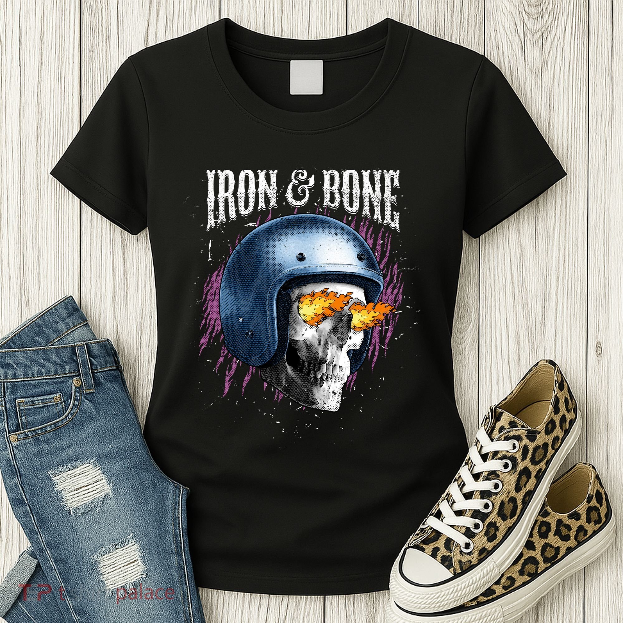 Iron And Bone Skull Biker Flame Women's T-Shirt