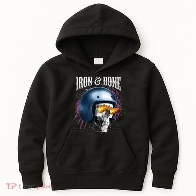 Iron And Bone Skull Biker Flame Kids Hoodie