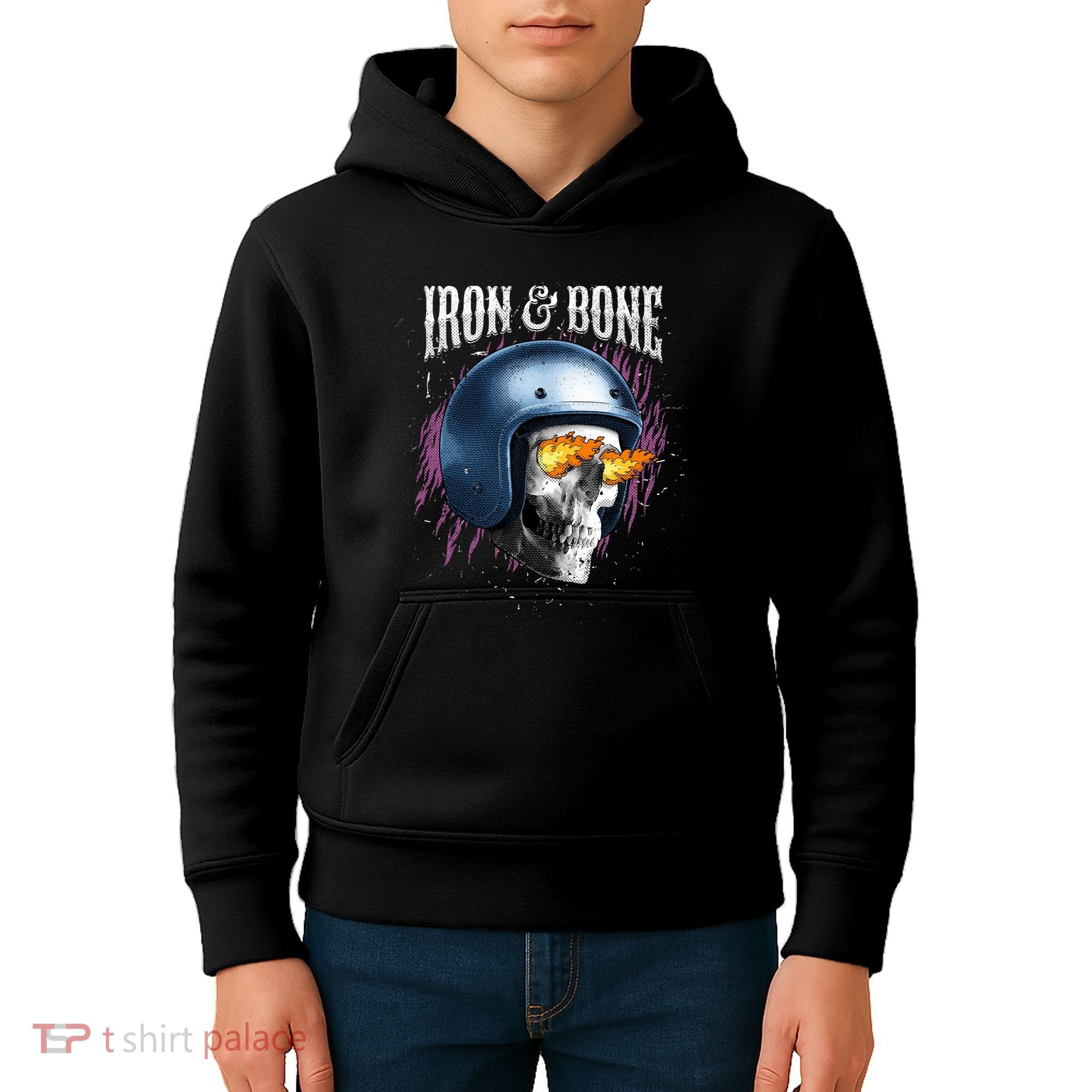 Iron And Bone Skull Biker Flame Kids Hoodie