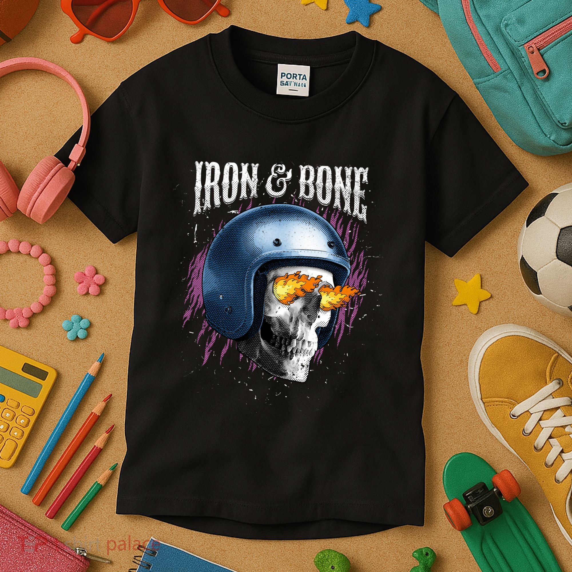 Iron And Bone Skull Biker Flame Kids T-Shirt