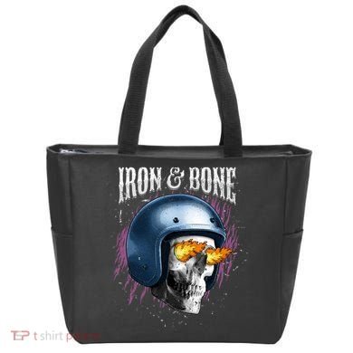 Iron And Bone Skull Biker Flame Tote Bag