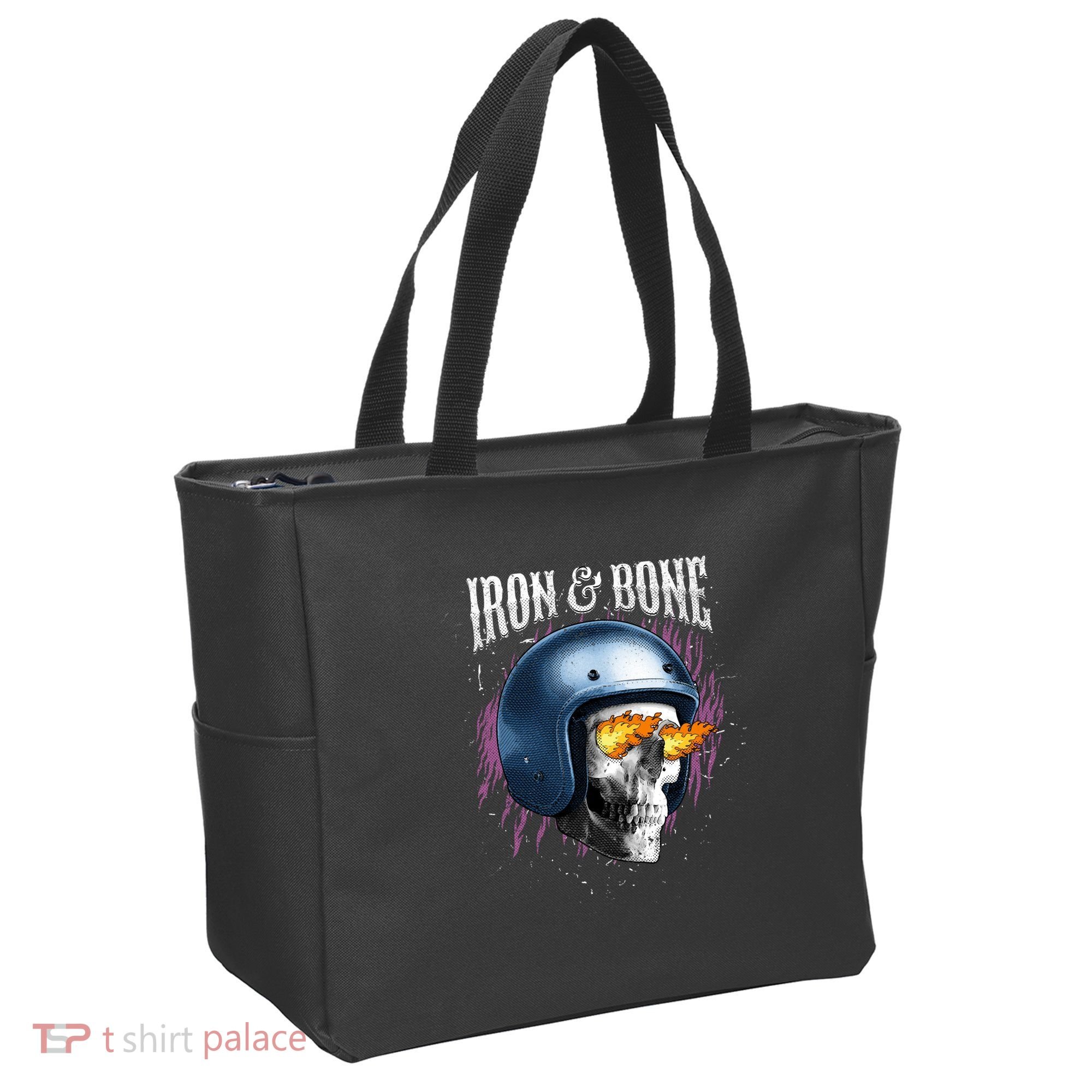 Iron And Bone Skull Biker Flame Tote Bag