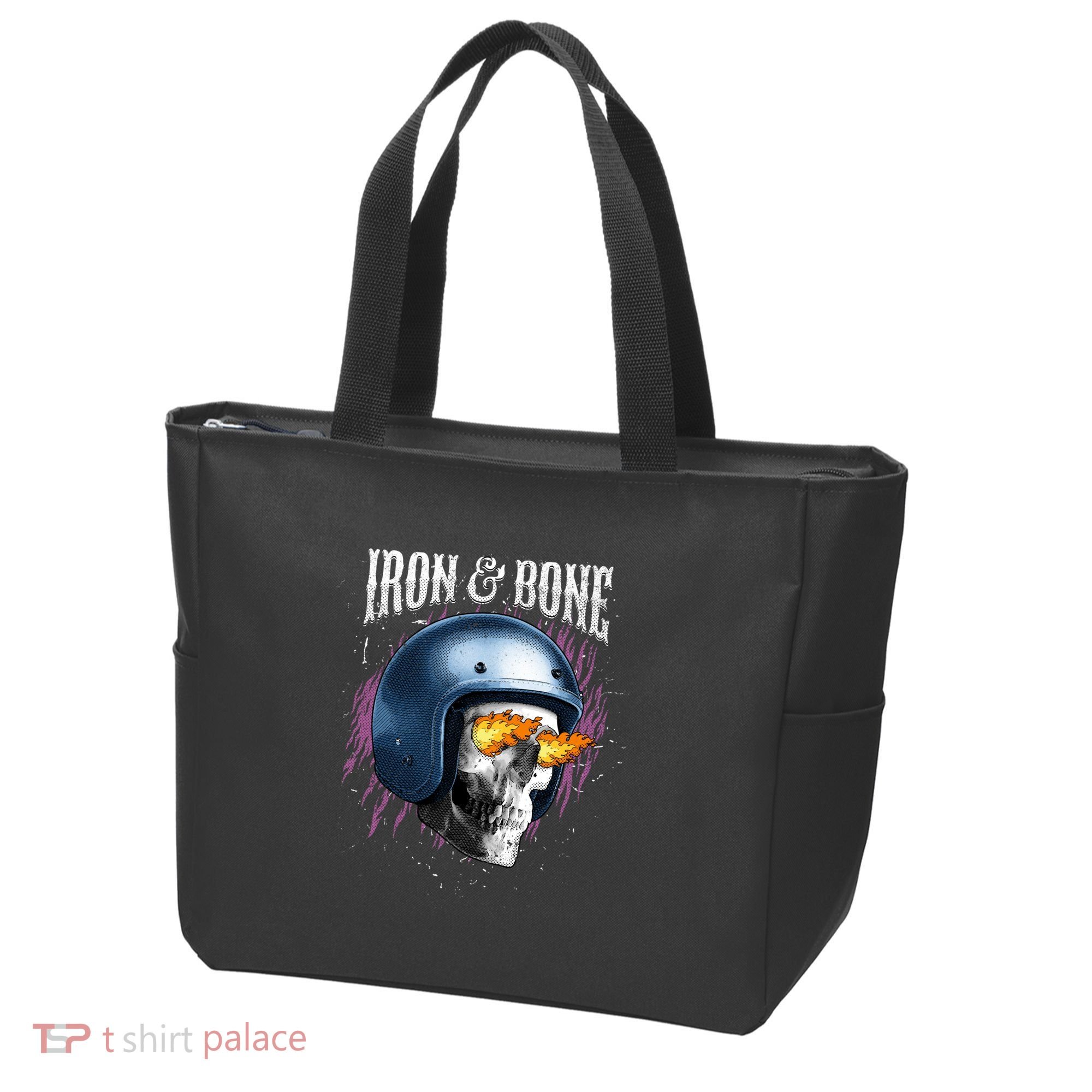 Iron And Bone Skull Biker Flame Tote Bag