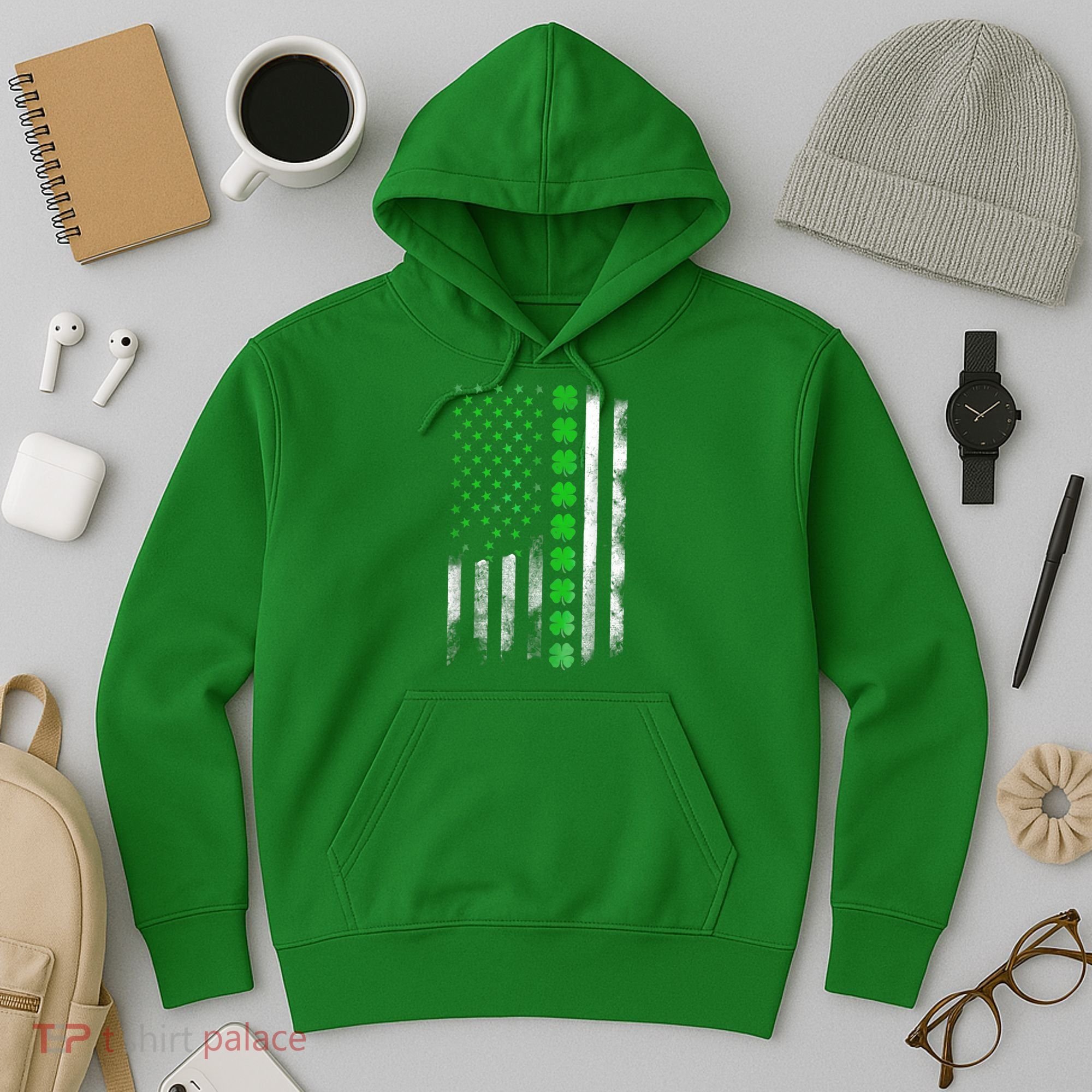 Irish American Flag Shamrock Clover Happy St Patrick's Day Hoodie