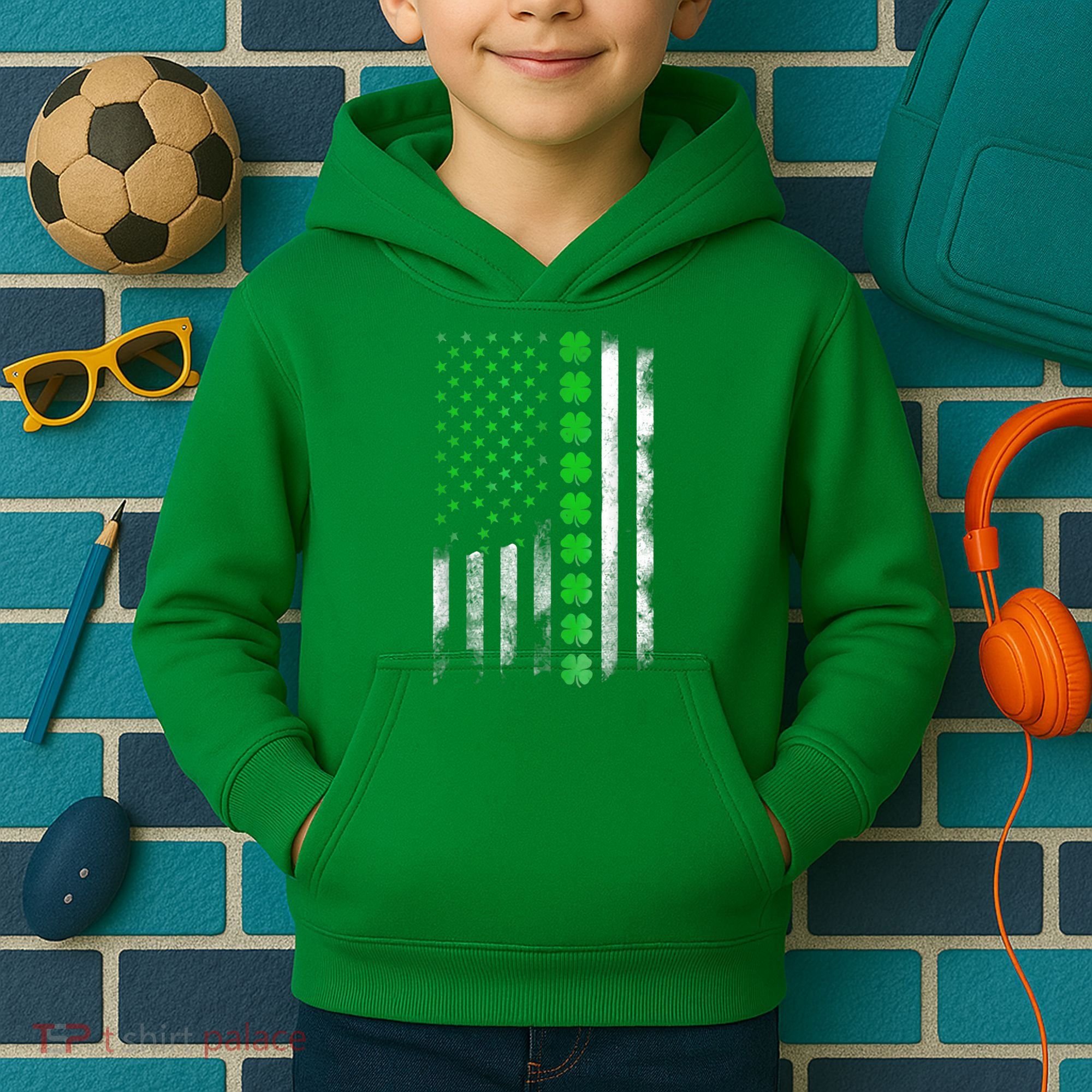 Irish American Flag Shamrock Clover Happy St Patrick's Day Kids Hoodie