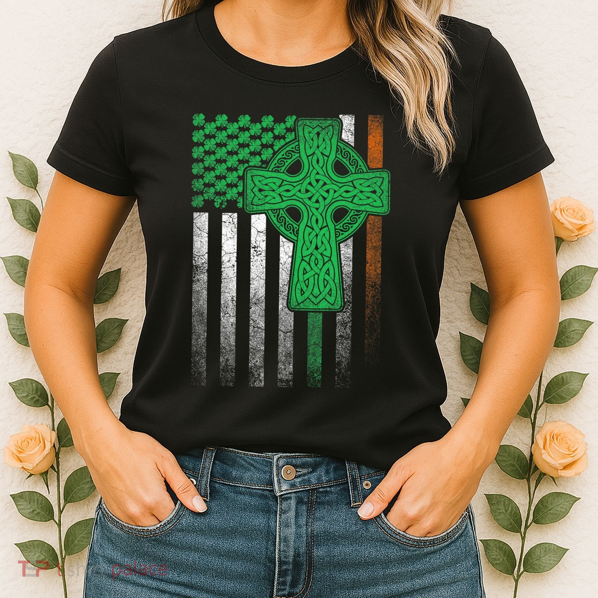 Irish American Flag Ireland Flag St Patricks Day Gift Cross Women's T-Shirt