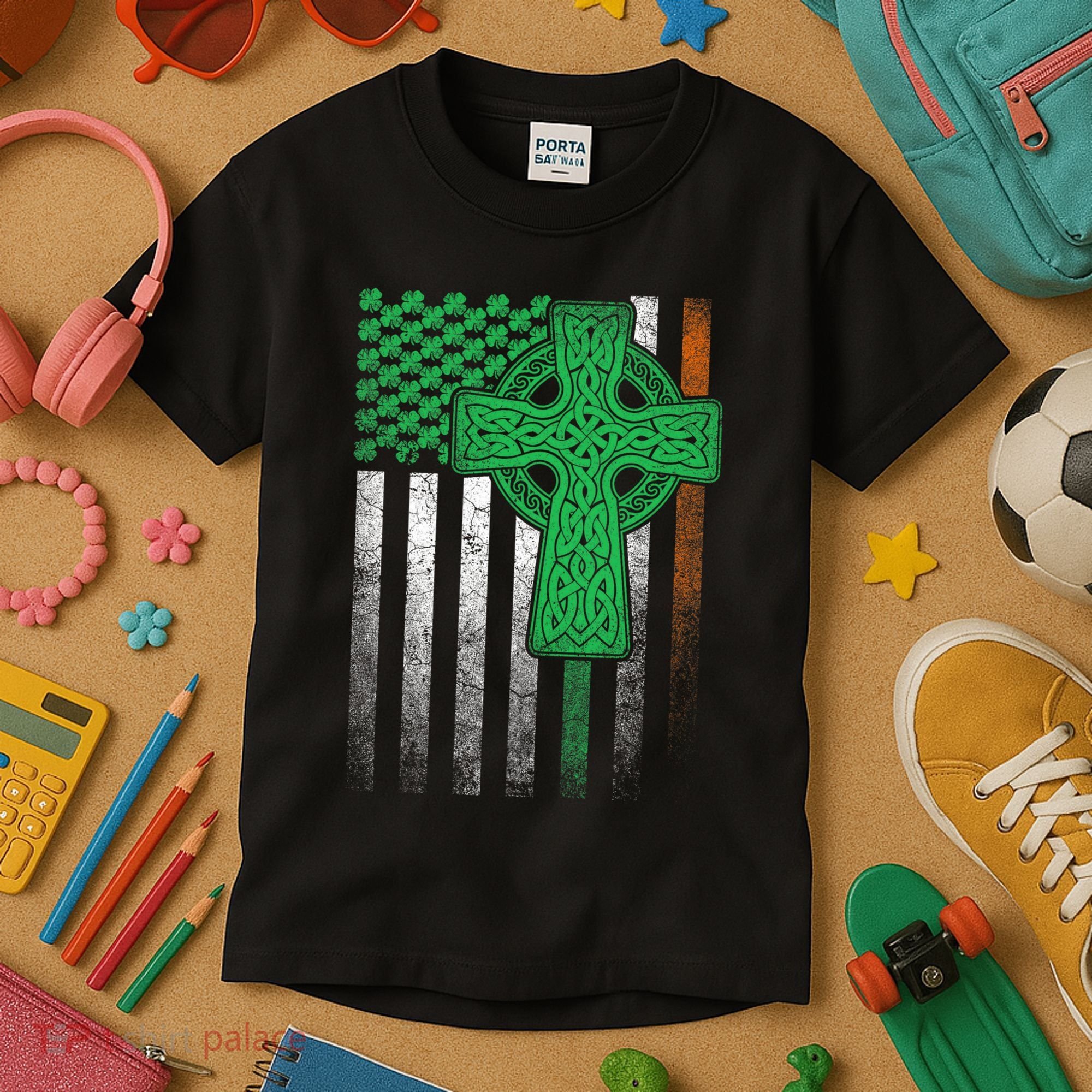 Irish American Flag Ireland Flag St Patricks Day Gift Cross Kids T-Shirt