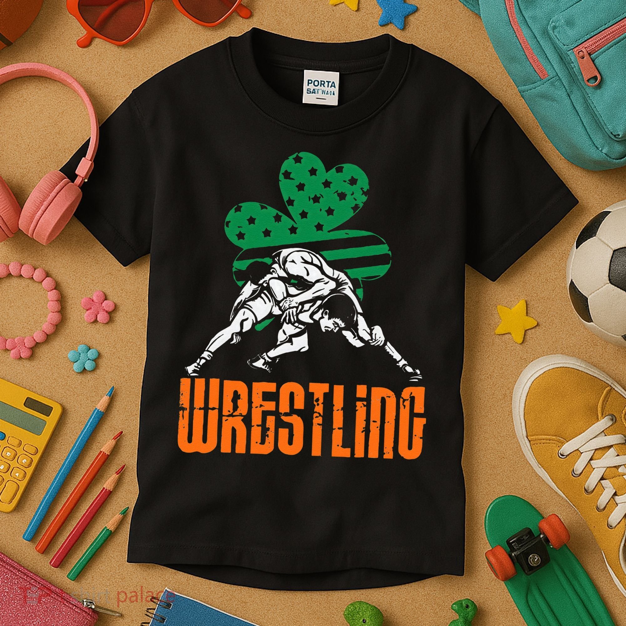 Irish American Flag Shamrock Wrestling St. Patricks Day Kids T-Shirt