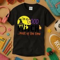 Im A Good Witch Most Of The Time Witch Hat Halloween Quote Kids T-Shirt thumb 3