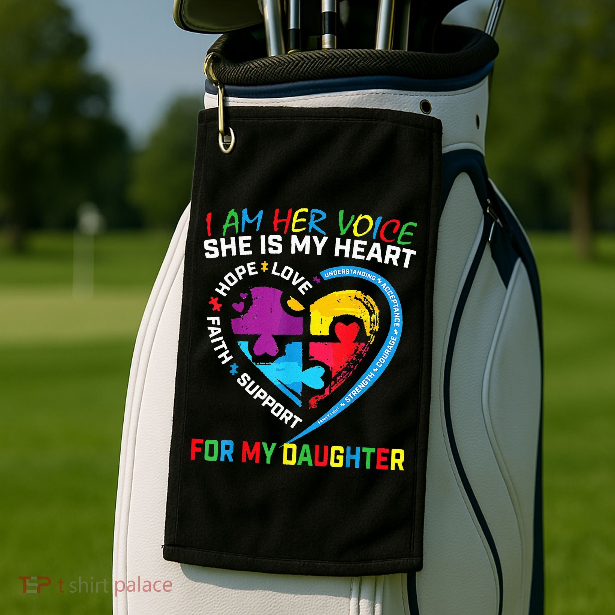 I Am Her Voice Daughter Autism Awareness Mom Dad Puzzle Golf Towel