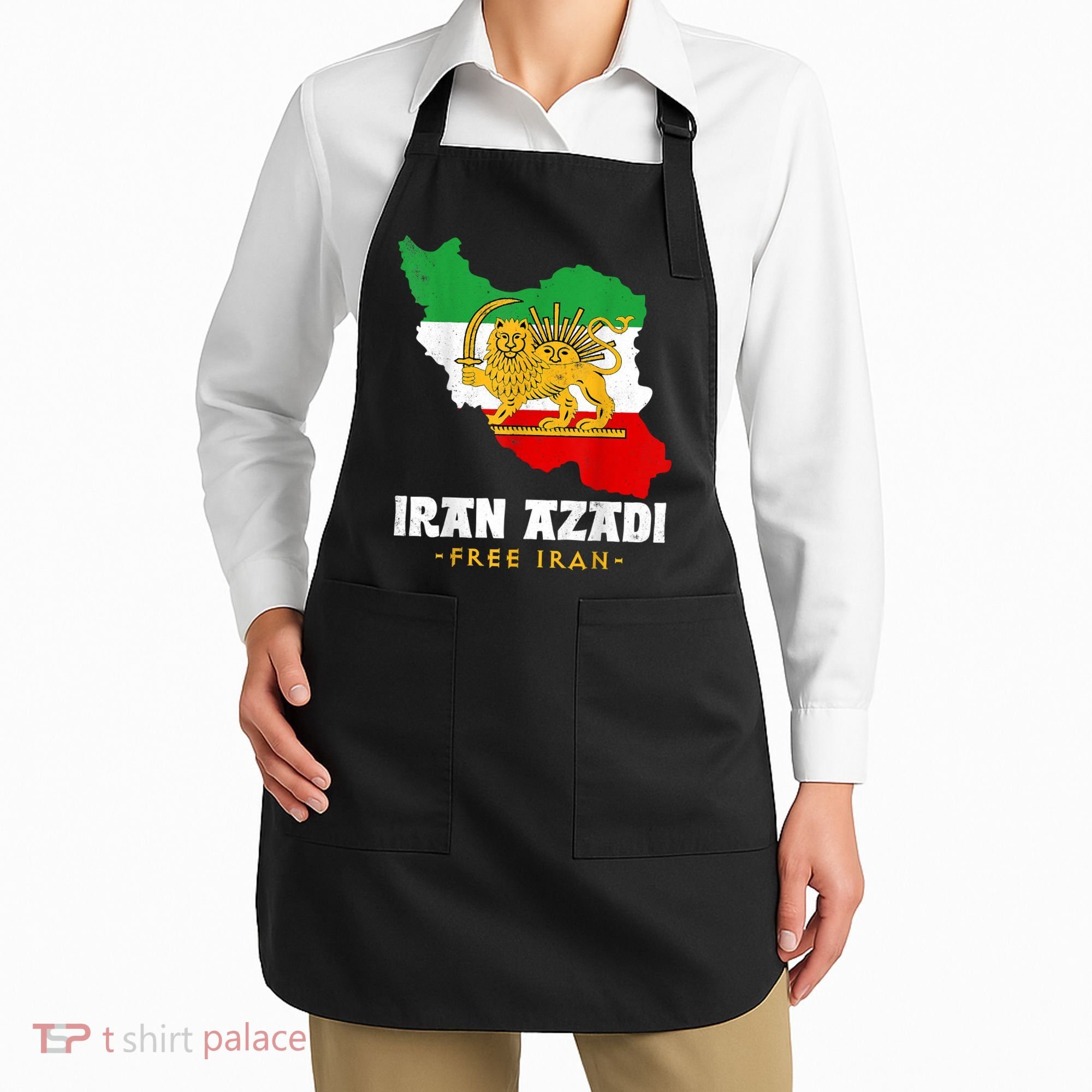 IRAN AZADI Iran Flag Map Lion Sun Sword Free Iran Revolution Apron