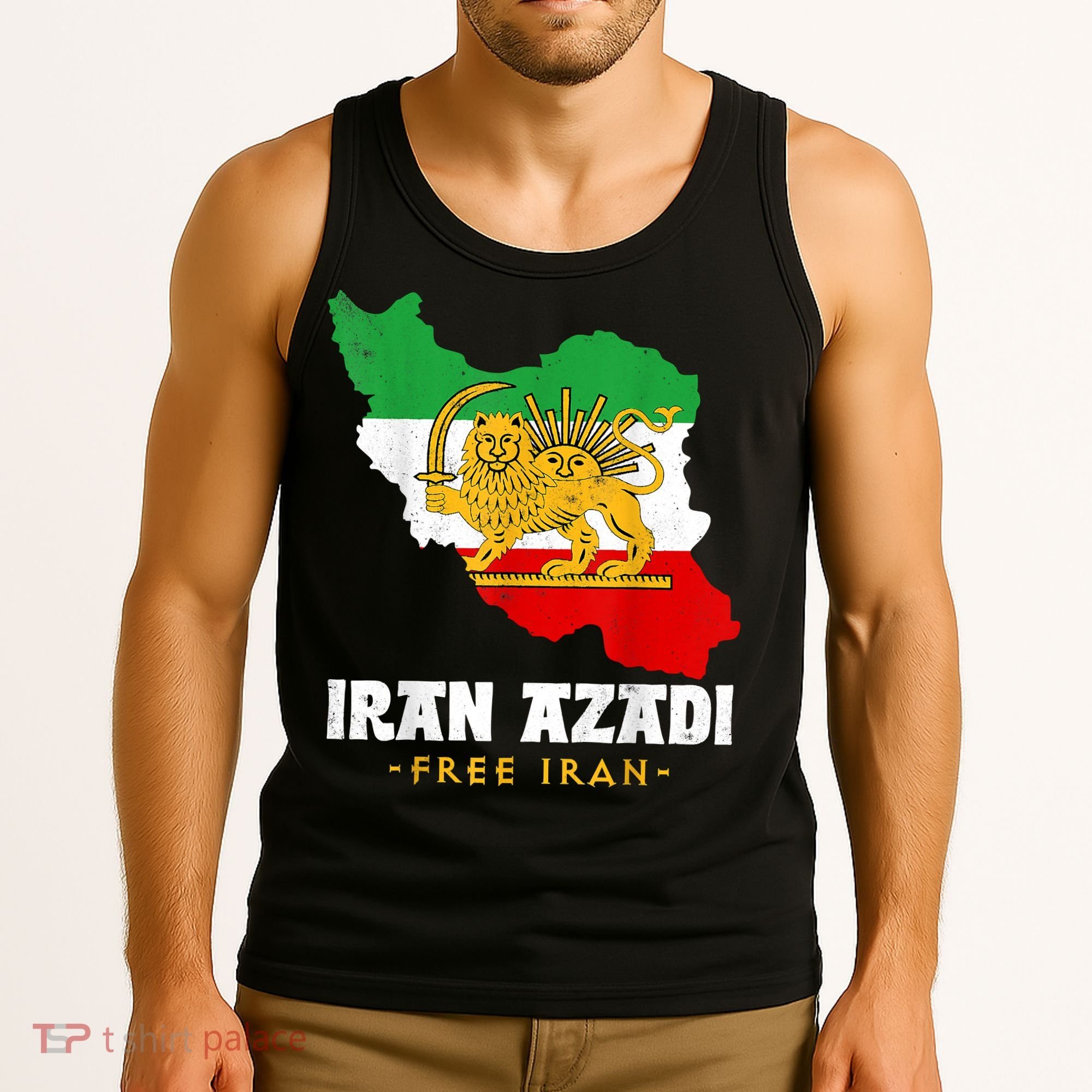 IRAN AZADI Iran Flag Map Lion Sun Sword Free Iran Revolution Tank Top