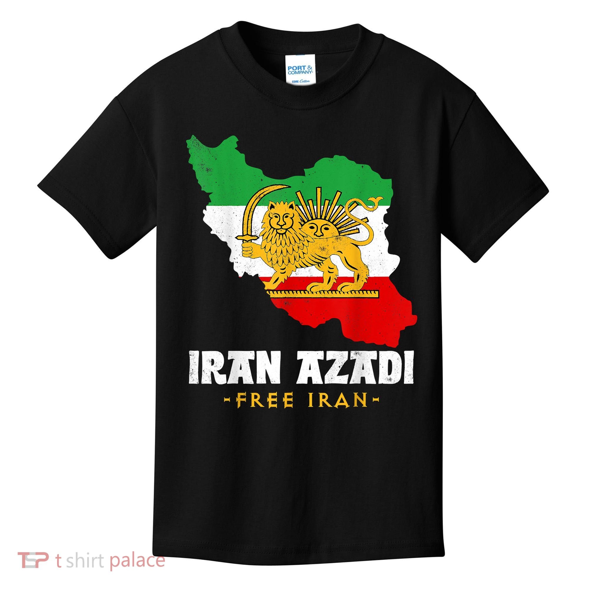 IRAN AZADI Iran Flag Map Lion Sun Sword Free Iran Revolution Kids T-Shirt