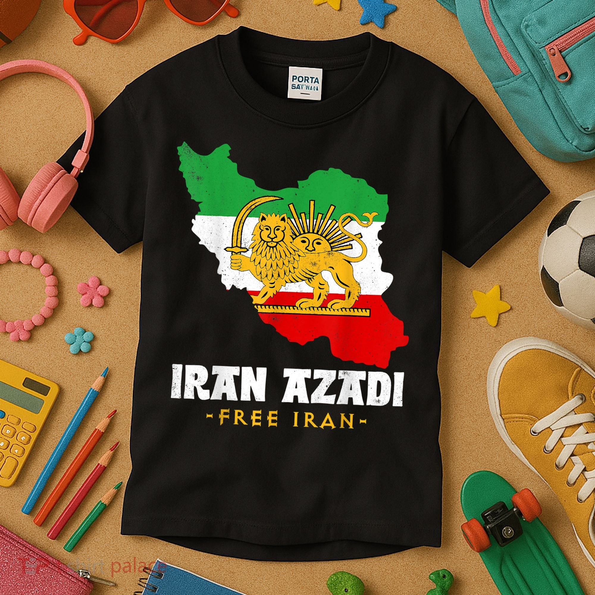 IRAN AZADI Iran Flag Map Lion Sun Sword Free Iran Revolution Kids T-Shirt
