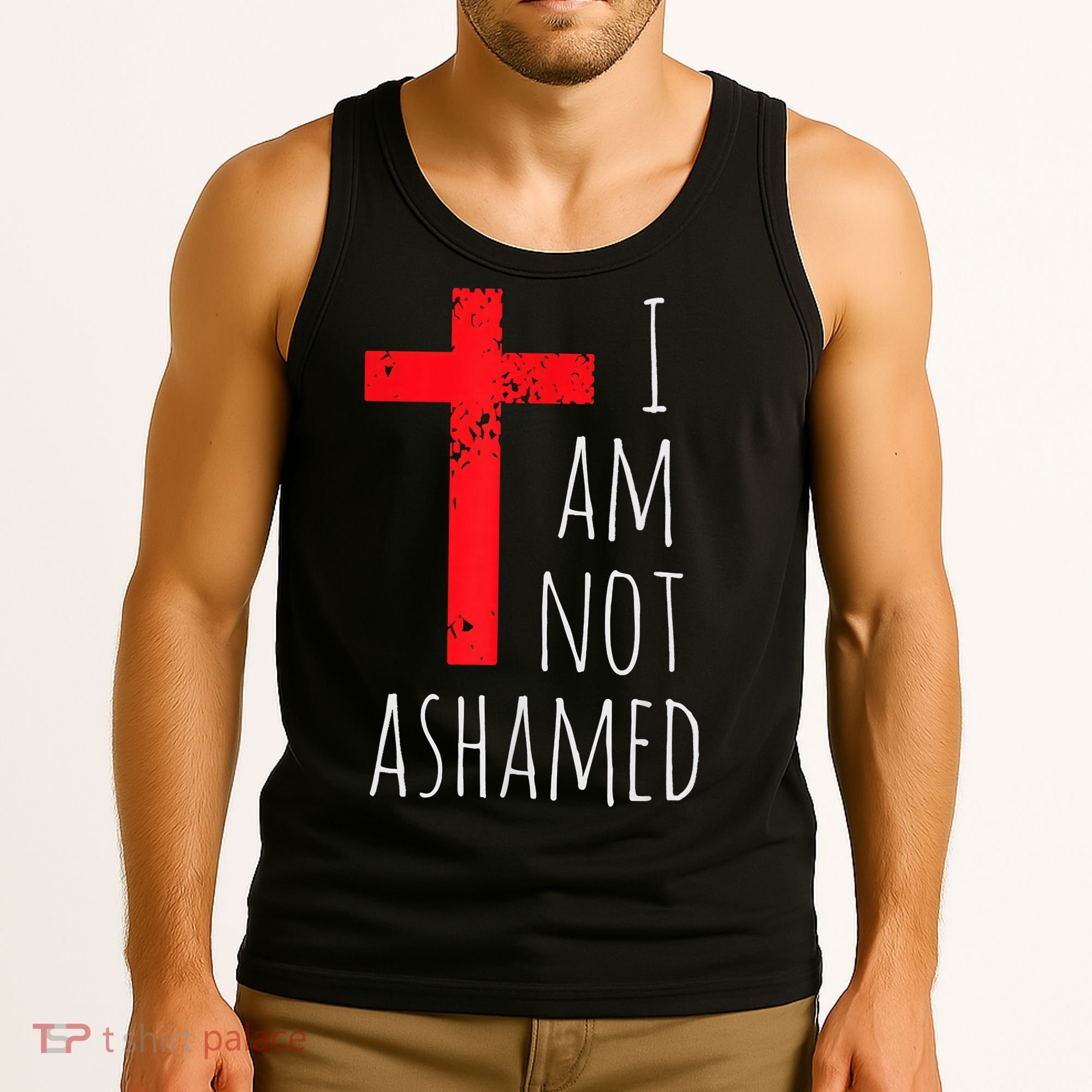 I Am Not Ashamed Big Red Cross Silhouette Image Gospel Tank Top