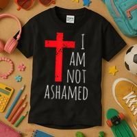 I Am Not Ashamed Big Red Cross Silhouette Image Gospel Kids T-Shirt thumb 3