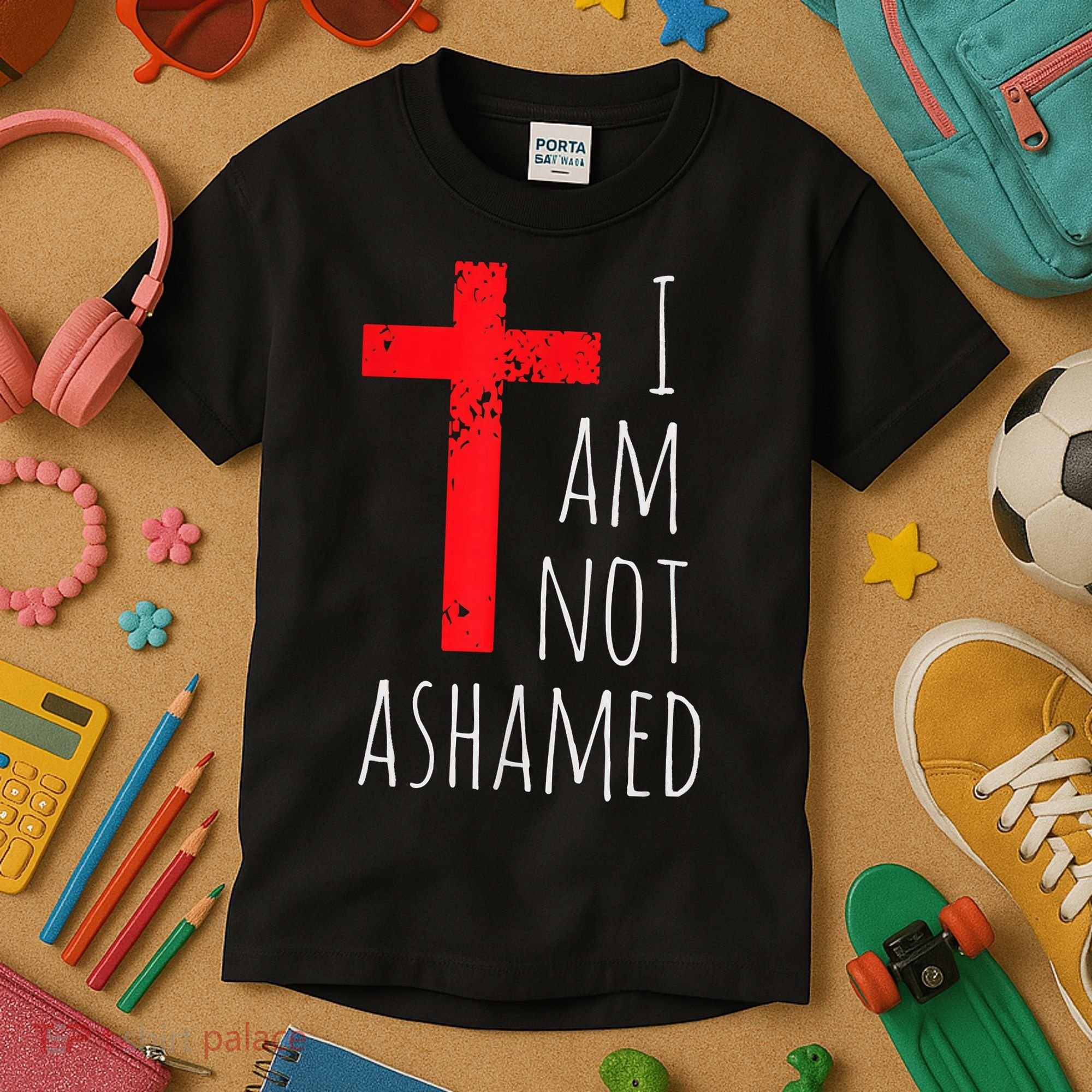 I Am Not Ashamed Big Red Cross Silhouette Image Gospel Kids T-Shirt