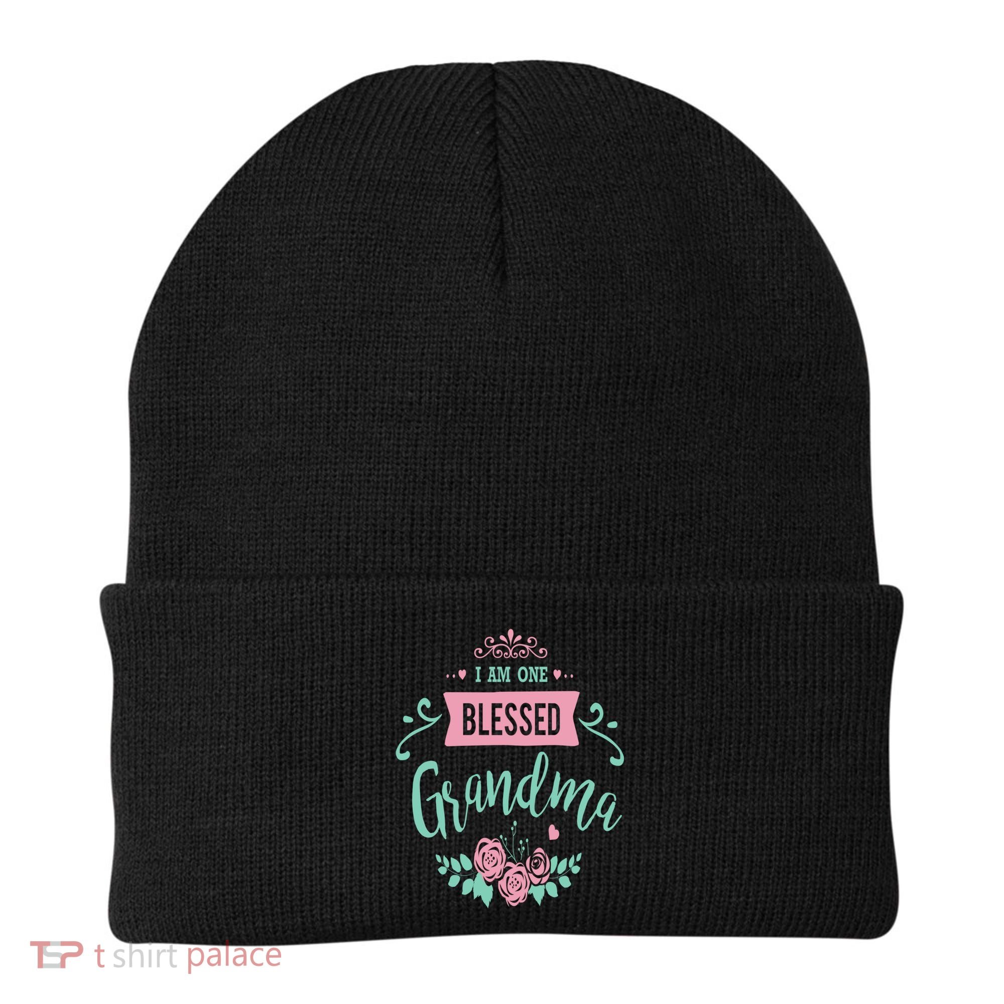 I Am One Blessed Grandma Peach Teal Floral Gift Beanie