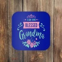 I Am One Blessed Grandma Peach Teal Floral Gift Coaster thumb 0