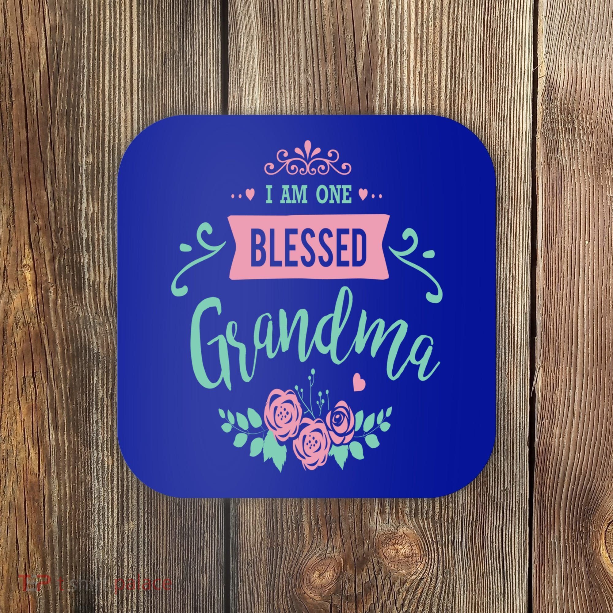 I Am One Blessed Grandma Peach Teal Floral Gift Coaster