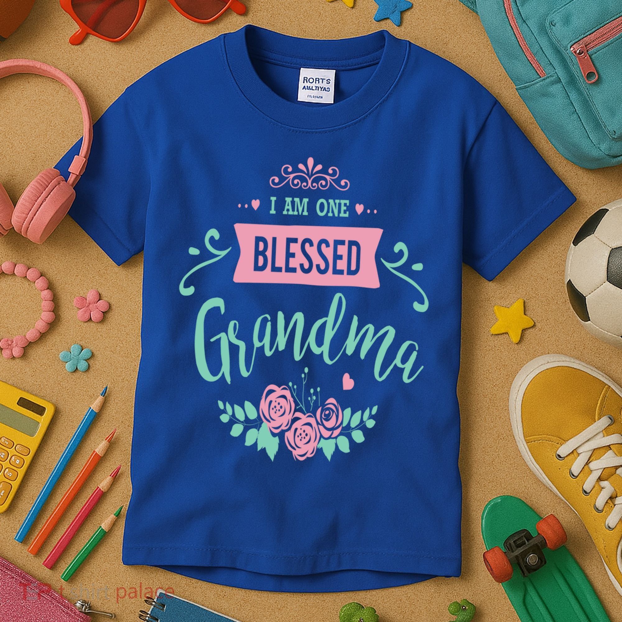 I Am One Blessed Grandma Peach Teal Floral Gift Kids T-Shirt