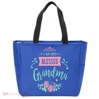 I Am One Blessed Grandma Peach Teal Floral Gift Tote Bag thumb 0
