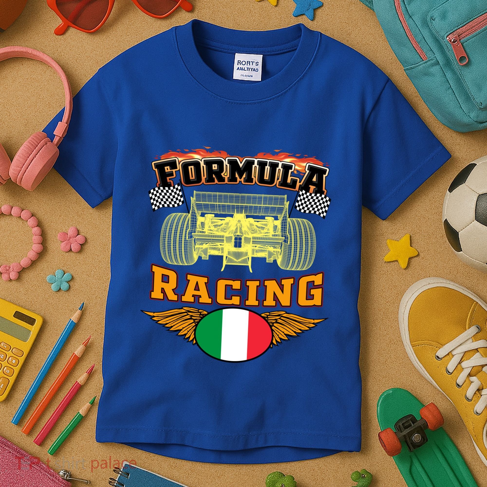 Italian Auto Race Italy Flag Formula Racing Car Blueprint Cute Gift Kids T-Shirt