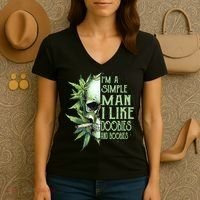 IM A Simple Man I Like Doobies And Boobies Skull Weed Women's V-Neck T-Shirt thumb 3