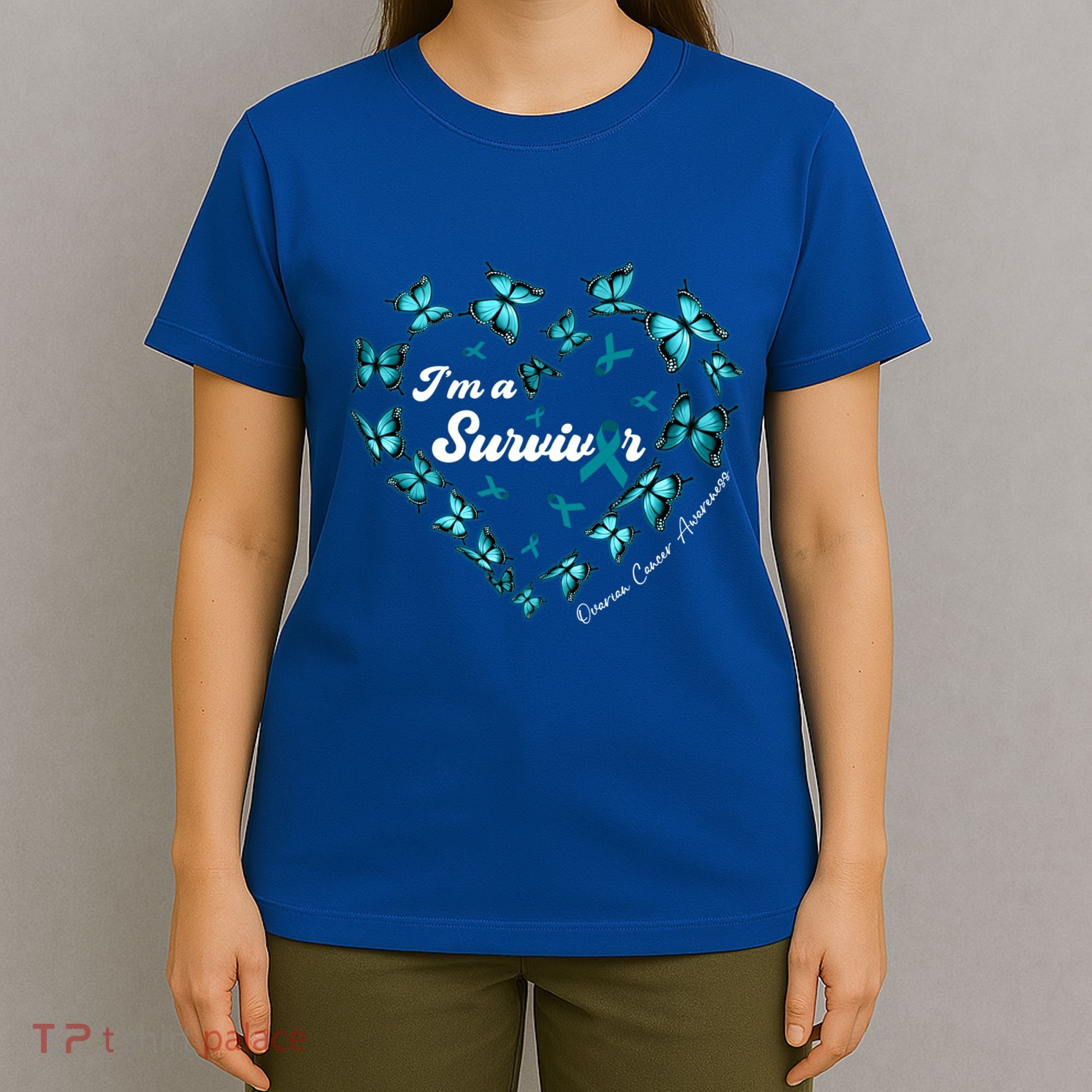 IM A Survivor Ovarian Cancer Awareness Teal Butterfly Heart Funny Gift T-Shirt