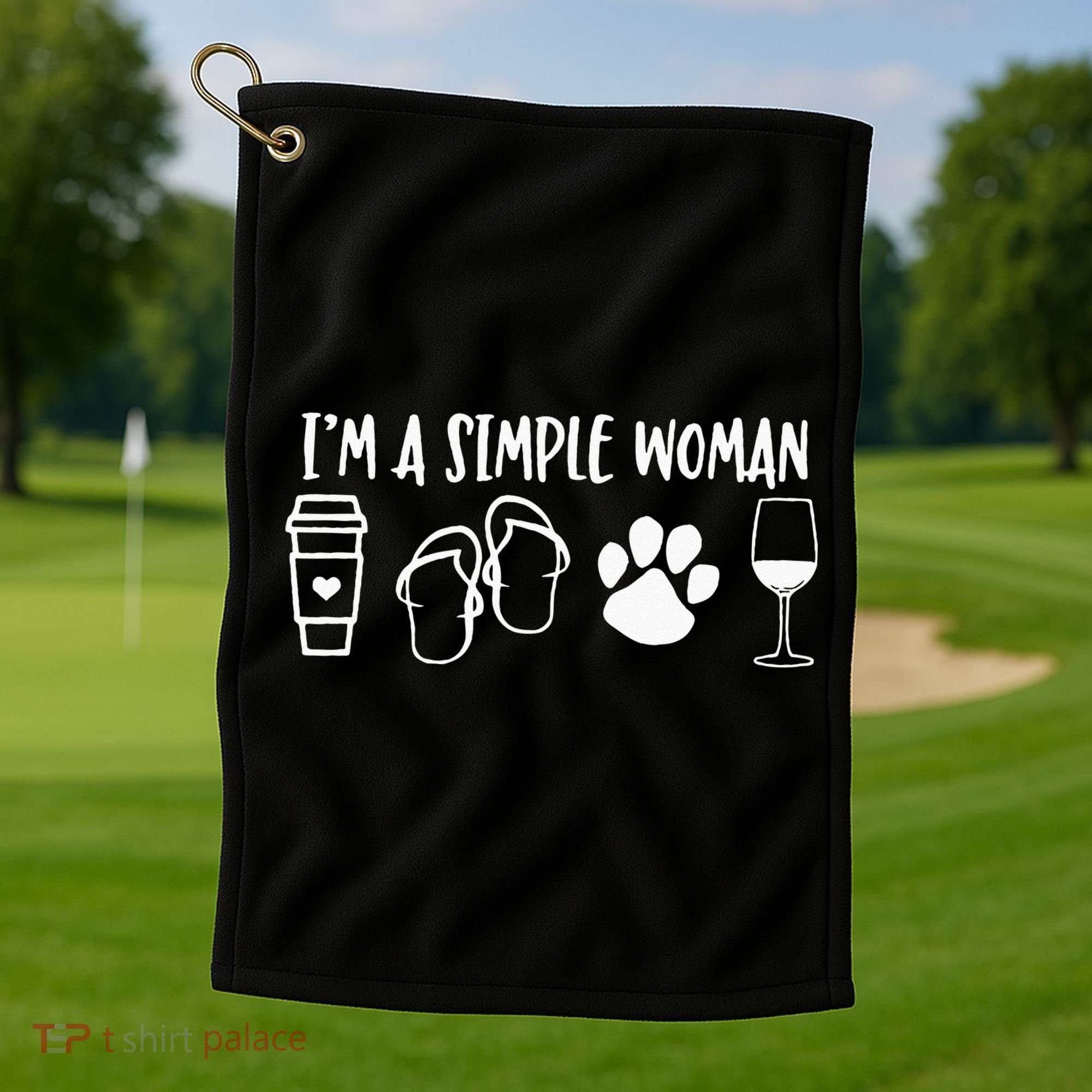 I'm A Simple Woman Coffee Flip Flops Dog Wine Golf Towel
