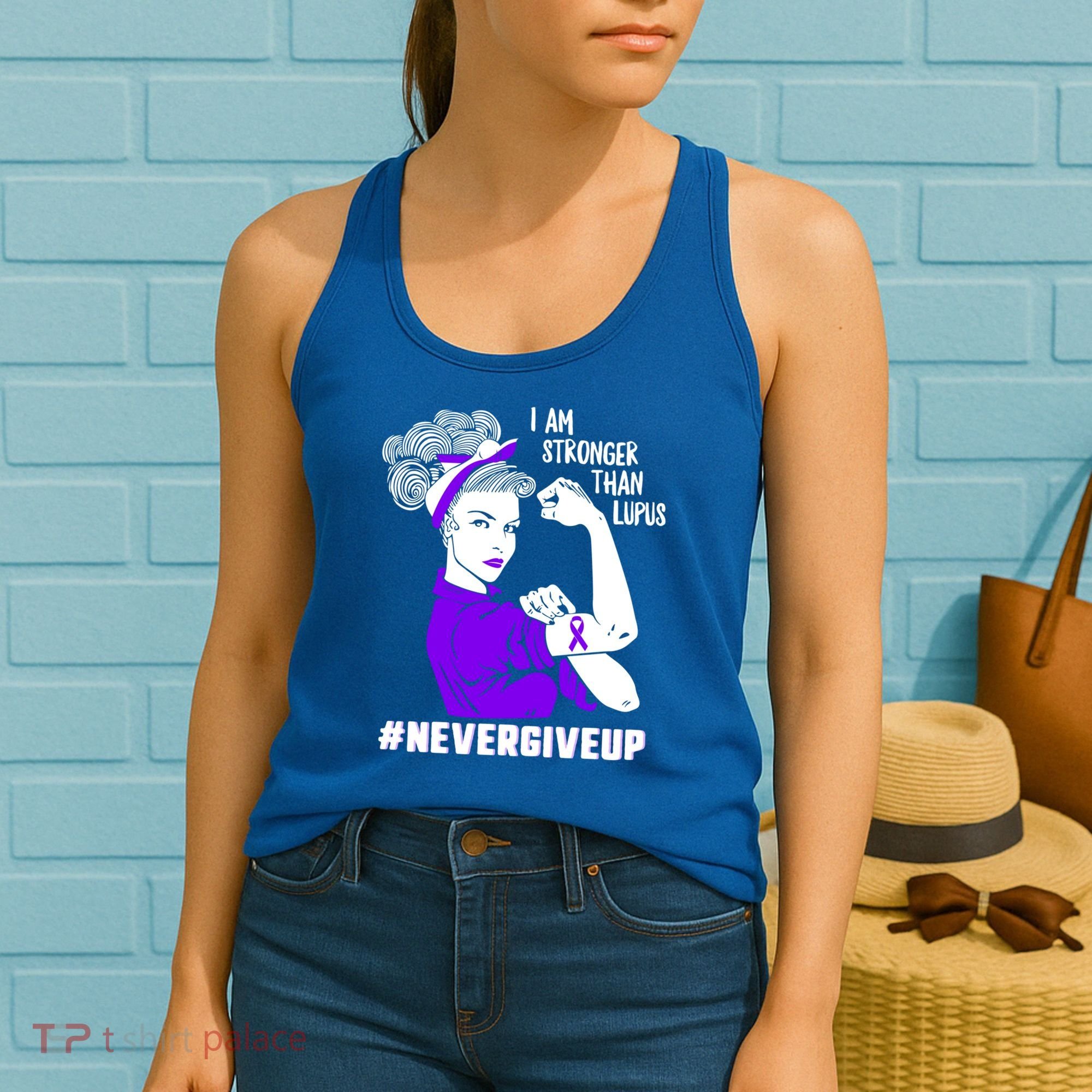 I Am Stronger Than Lupus #Nevergiveup Lupus Awareness Ribbon Cute Gift Women's Tank Top