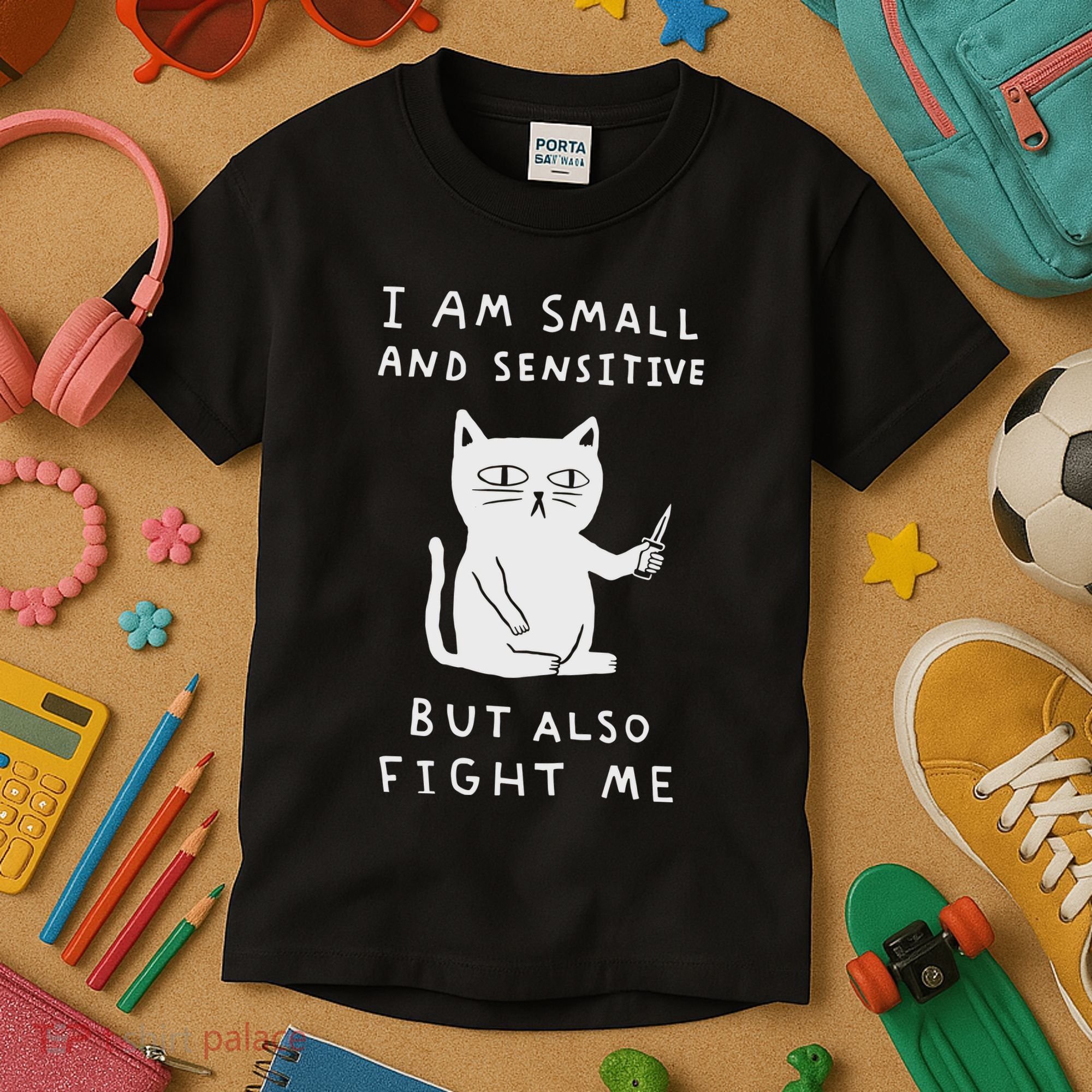 I Am Small And Sensitive But Also Fight Me Cat Kids T-Shirt