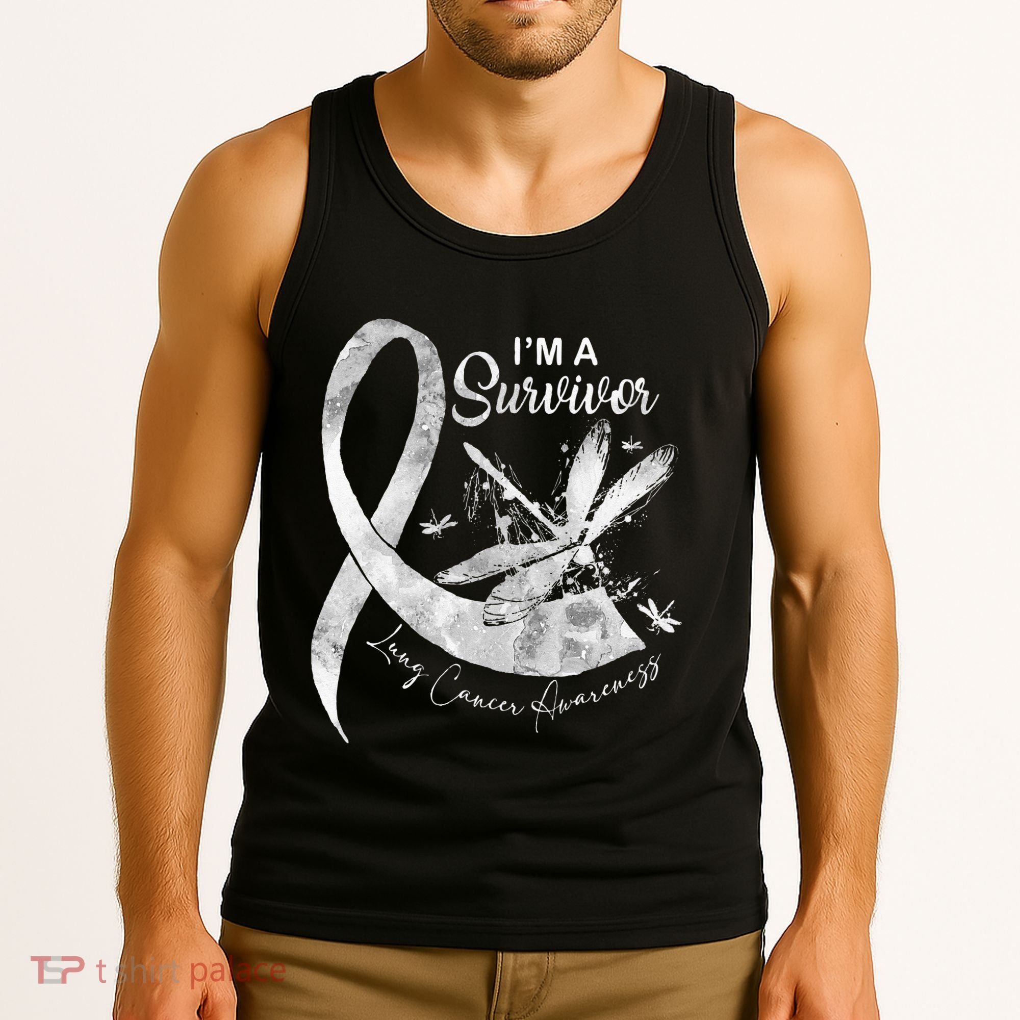 Im A Survivor Lung Cancer Dragonfly White Ribbon Tank Top