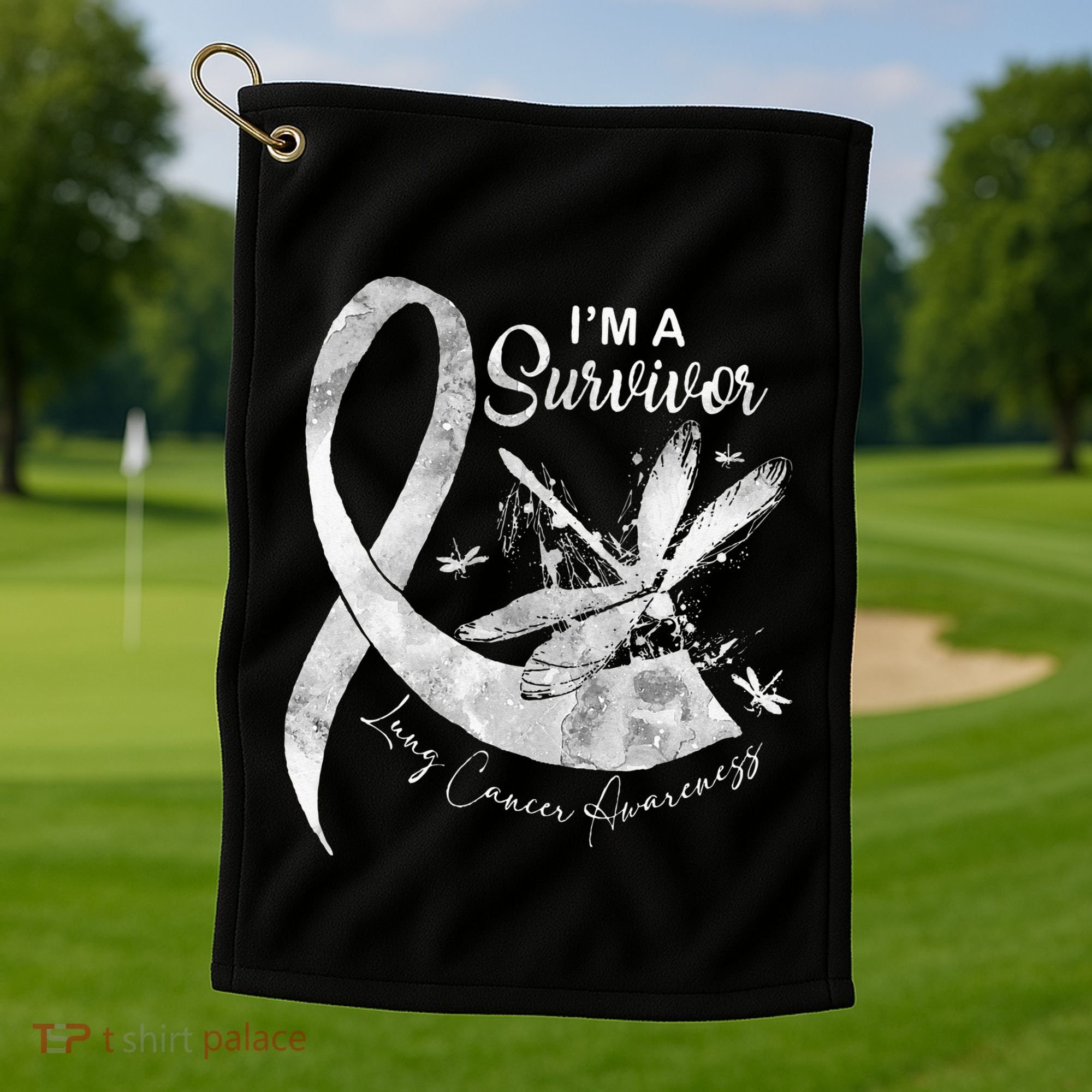 Im A Survivor Lung Cancer Dragonfly White Ribbon Golf Towel