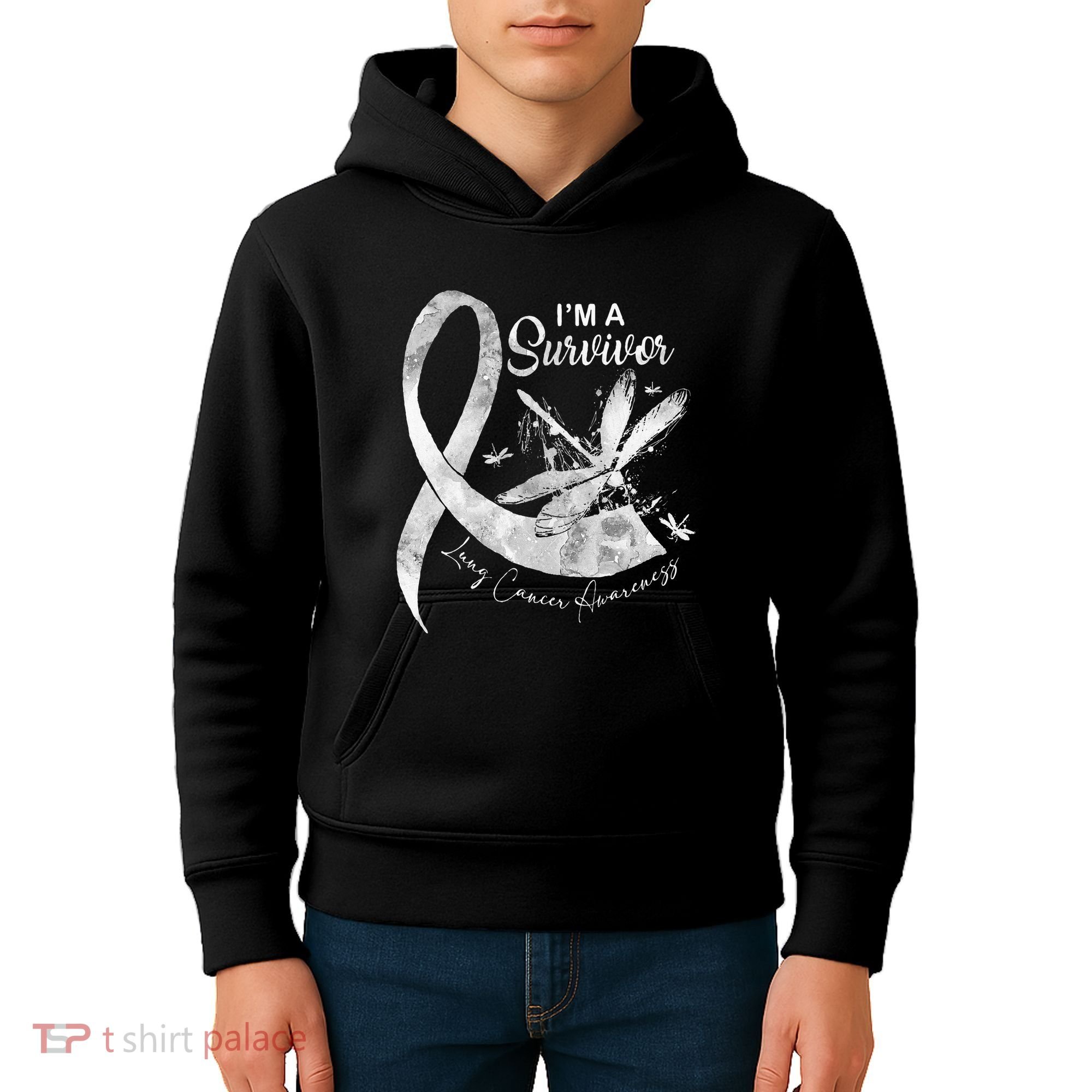 Im A Survivor Lung Cancer Dragonfly White Ribbon Kids Hoodie
