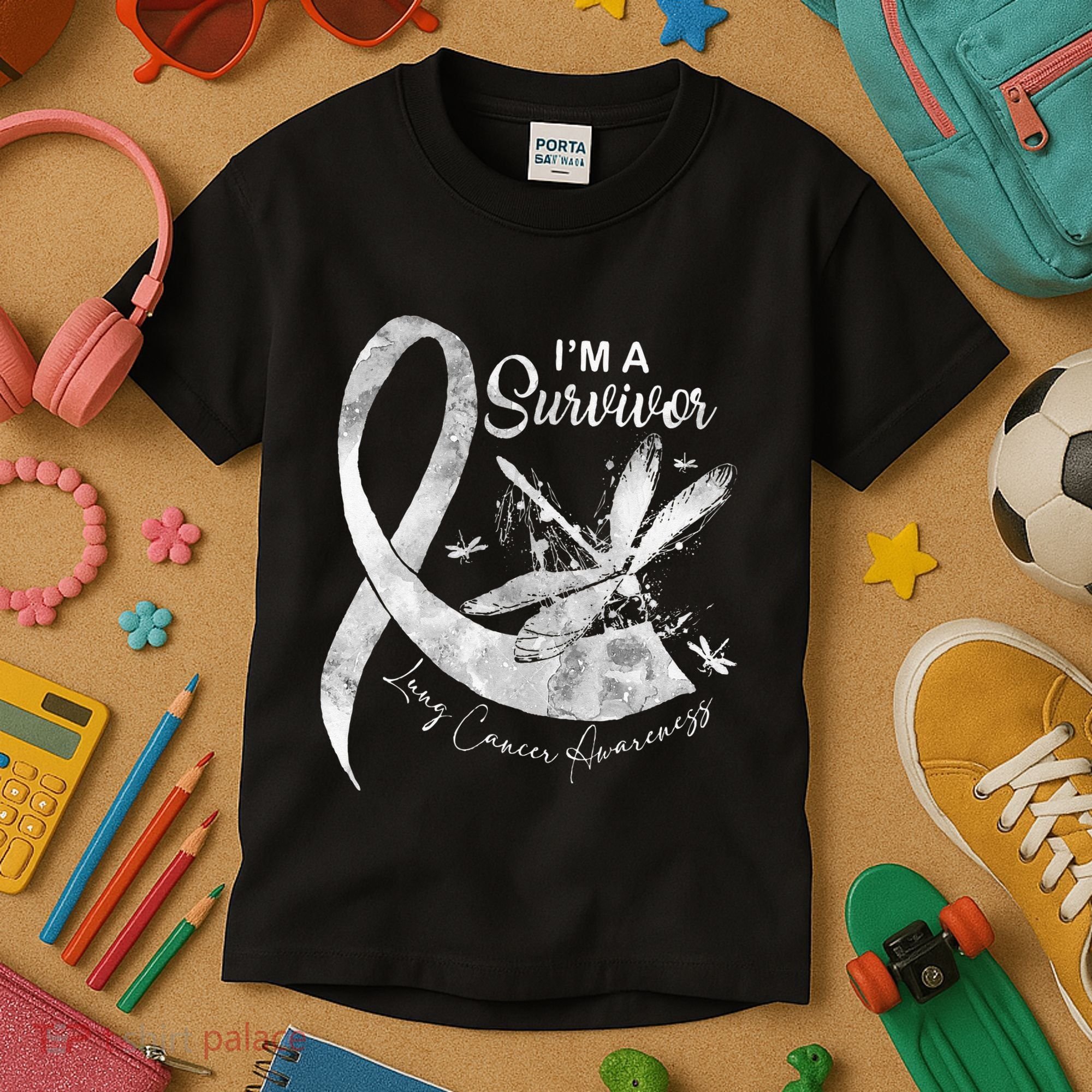 Im A Survivor Lung Cancer Dragonfly White Ribbon Kids T-Shirt