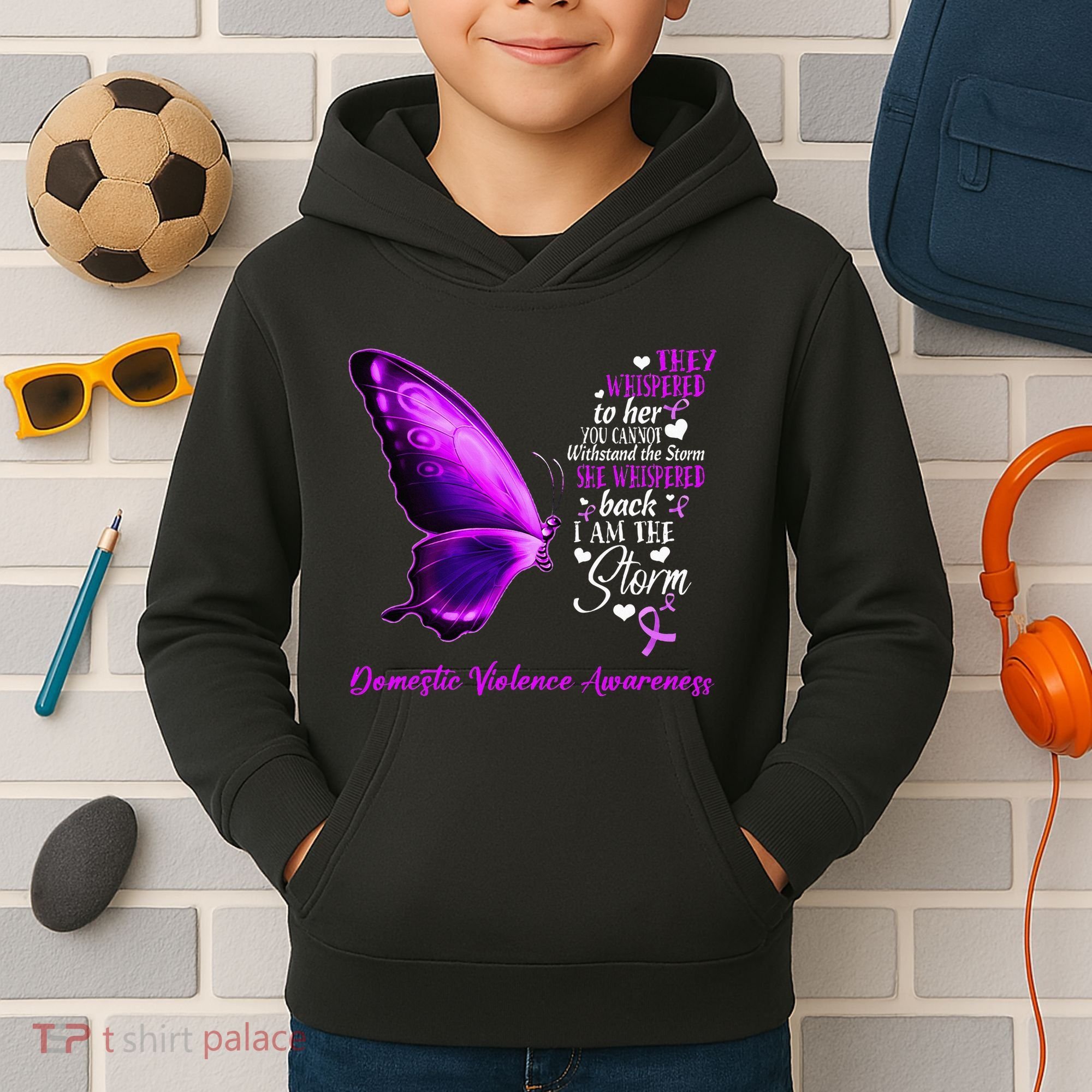 I am the storm Domestic Violence Awareness Butterfly Kids Hoodie