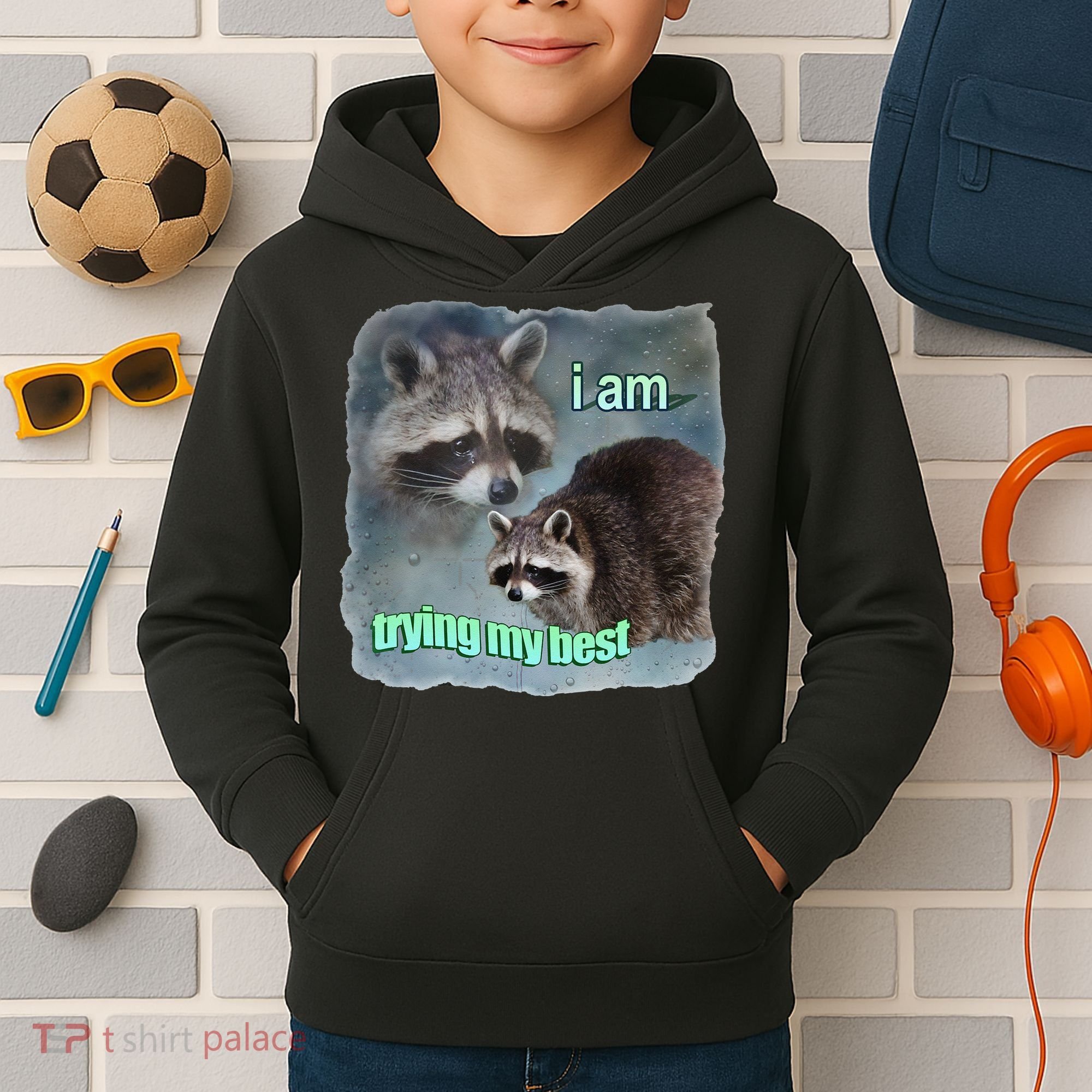 I Am Trying My Best Raccoon Meme Kids Hoodie