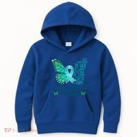 I Am The Storm Ovarian Cancer Awareness Teal Butterfly Cool Gift Kids Hoodie thumb 0