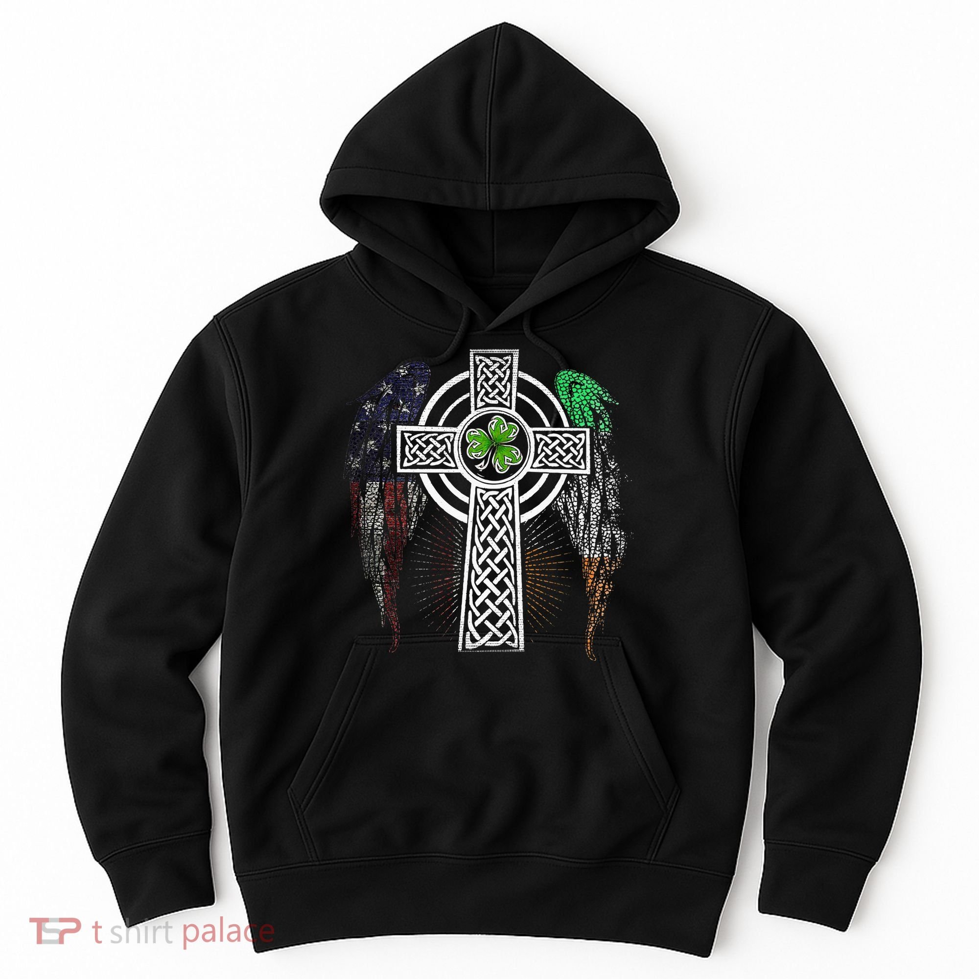 Irish American USA Flag Celtic Cross St Patricks Day Hoodie