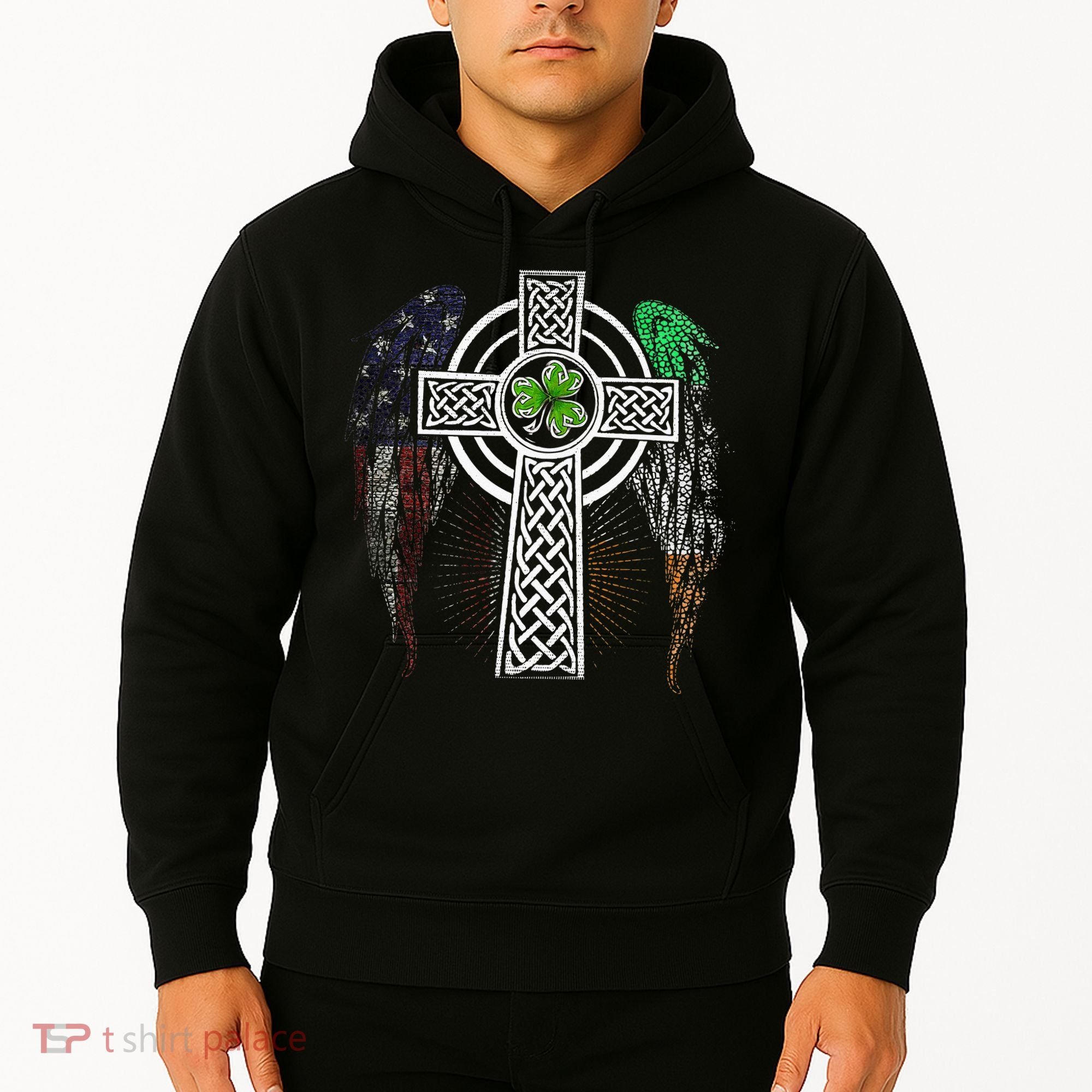 Irish American USA Flag Celtic Cross St Patricks Day Hoodie
