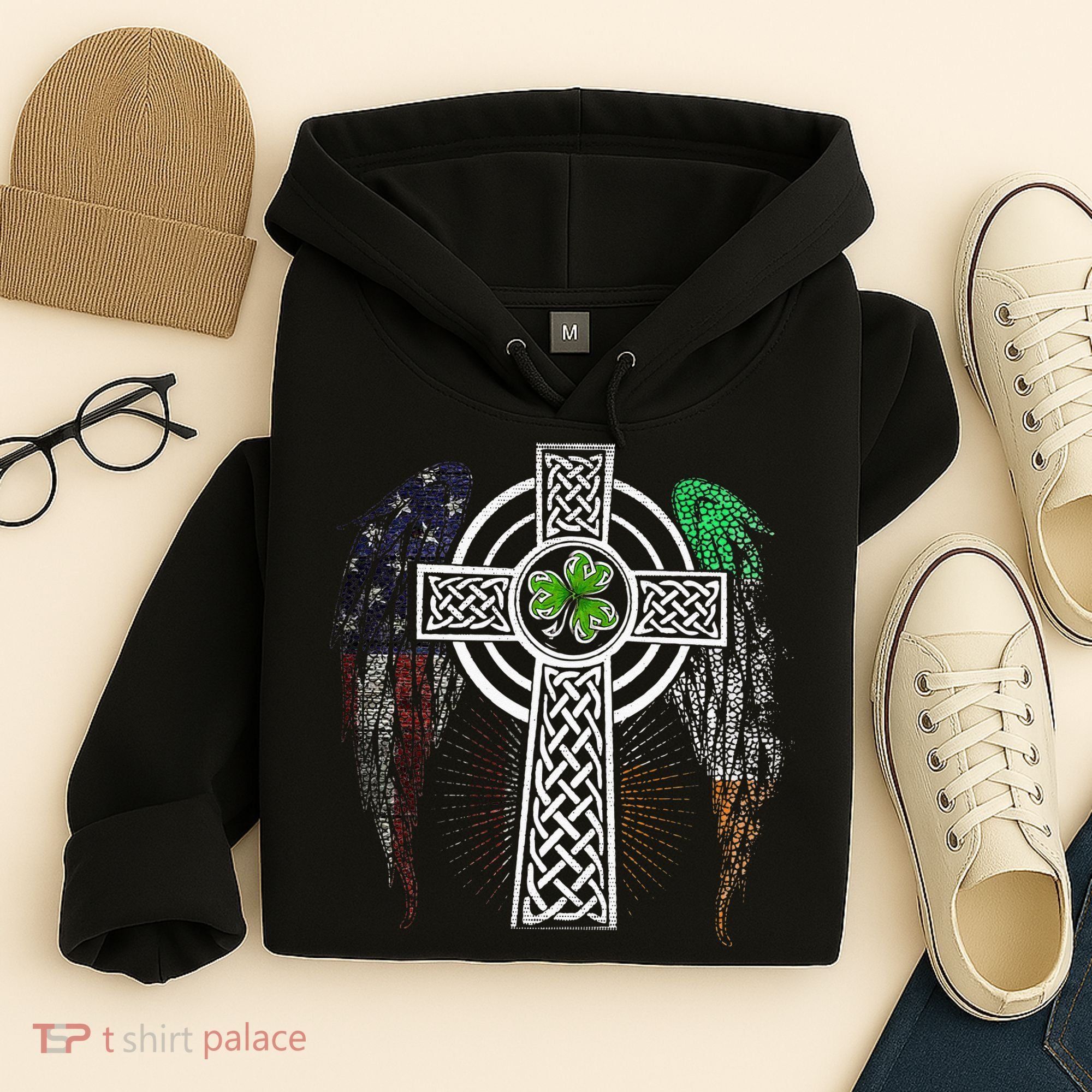 Irish American USA Flag Celtic Cross St Patricks Day Hoodie