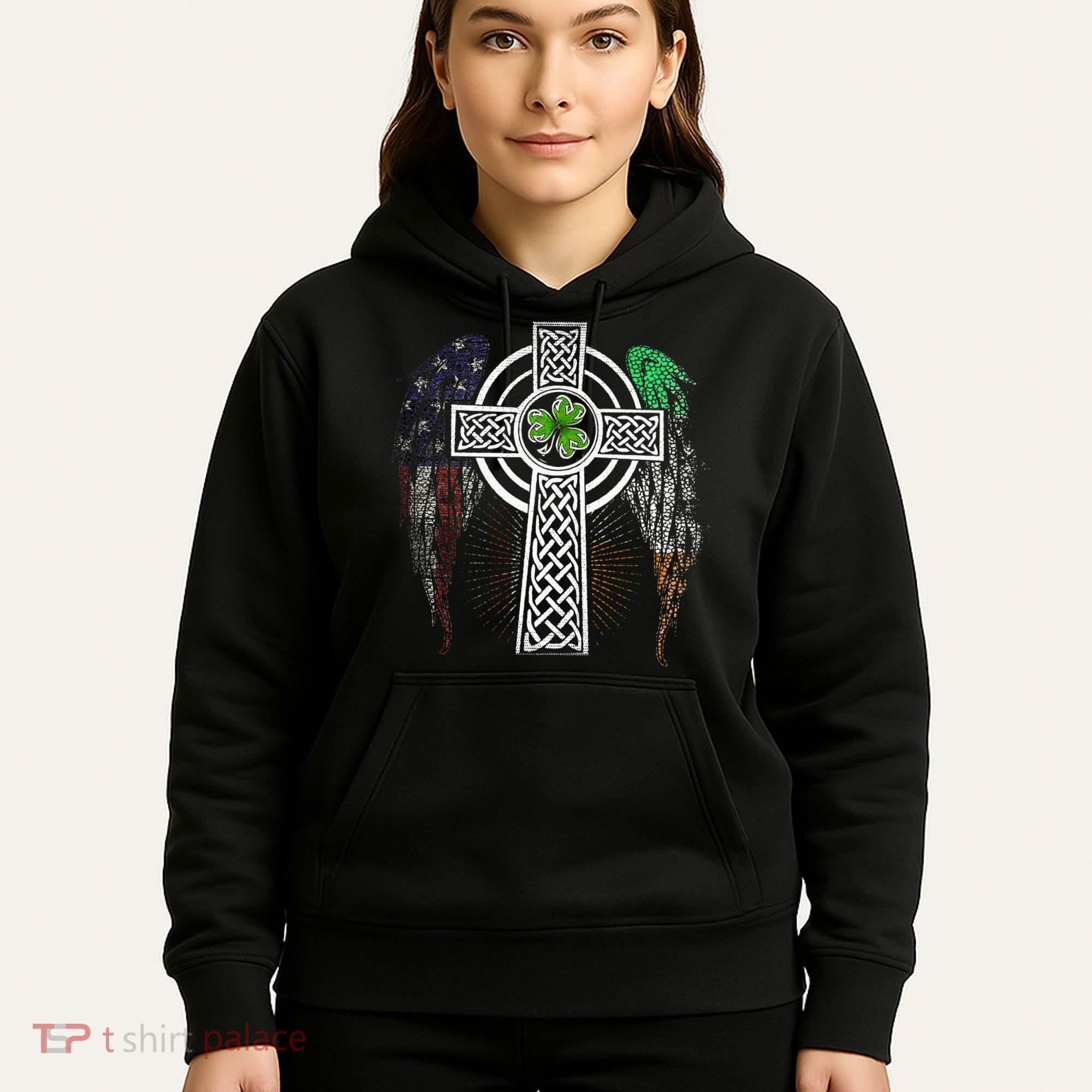 Irish American USA Flag Celtic Cross St Patricks Day Hoodie