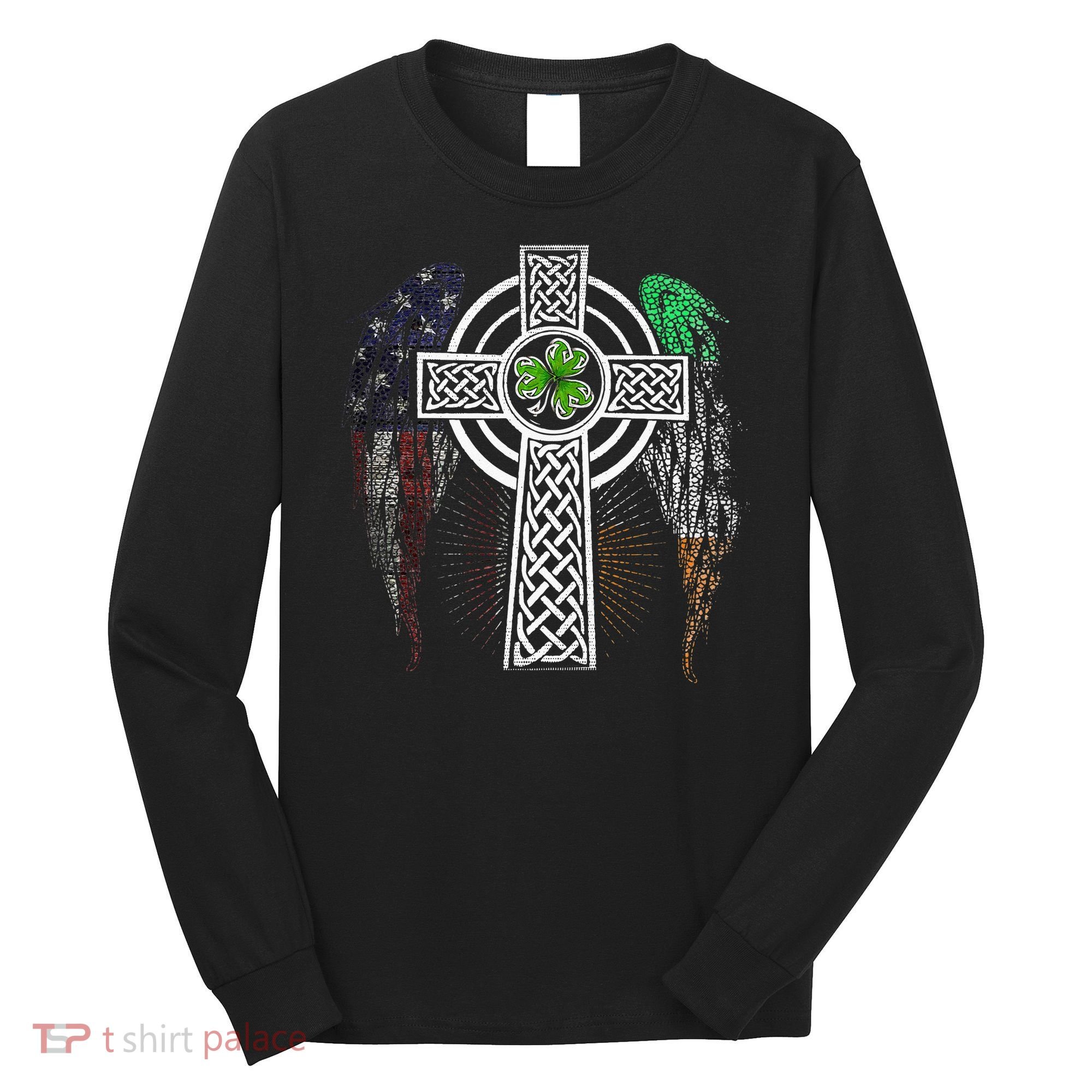 Irish American USA Flag Celtic Cross St Patricks Day Long Sleeve Shirt
