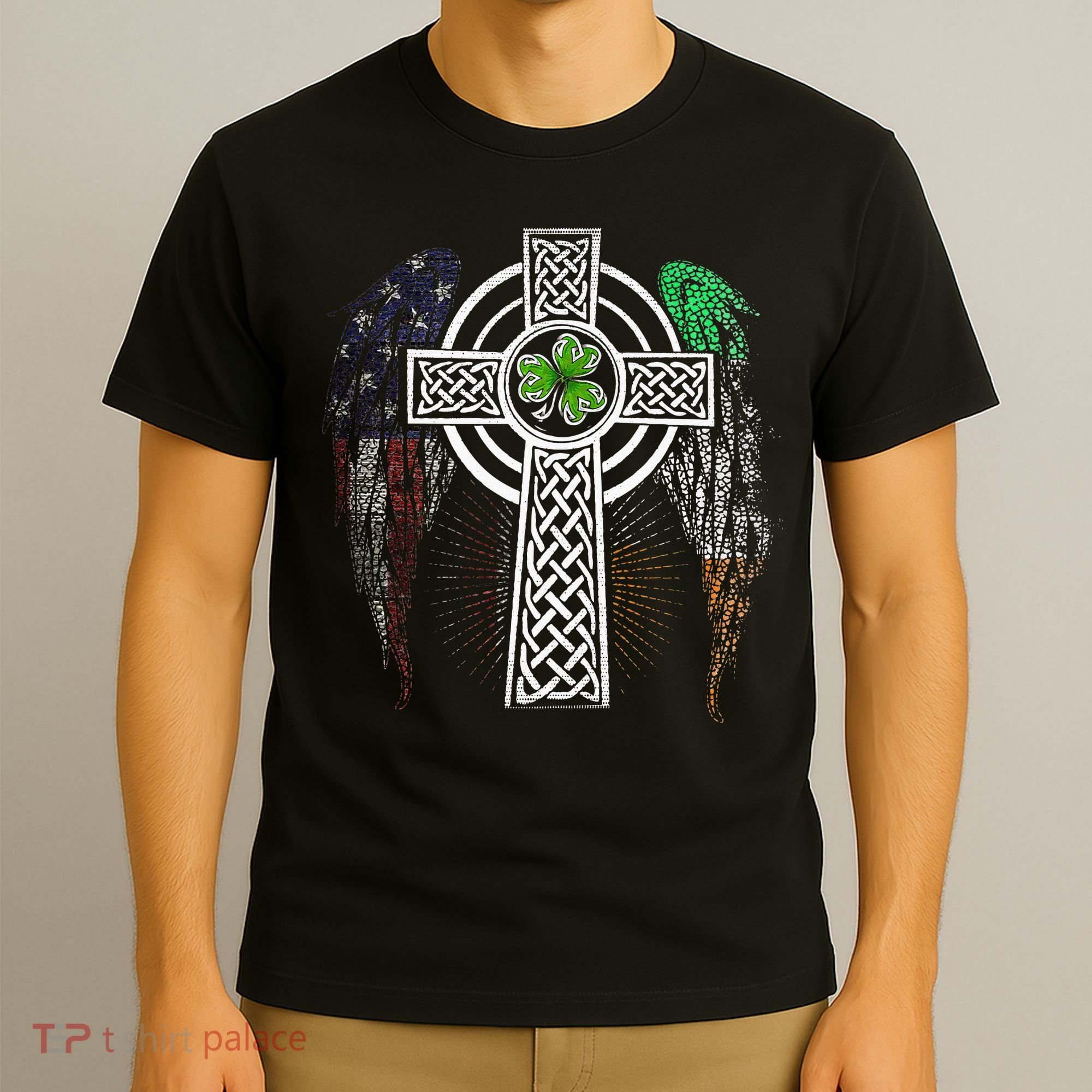 Irish American USA Flag Celtic Cross St Patricks Day T-Shirt